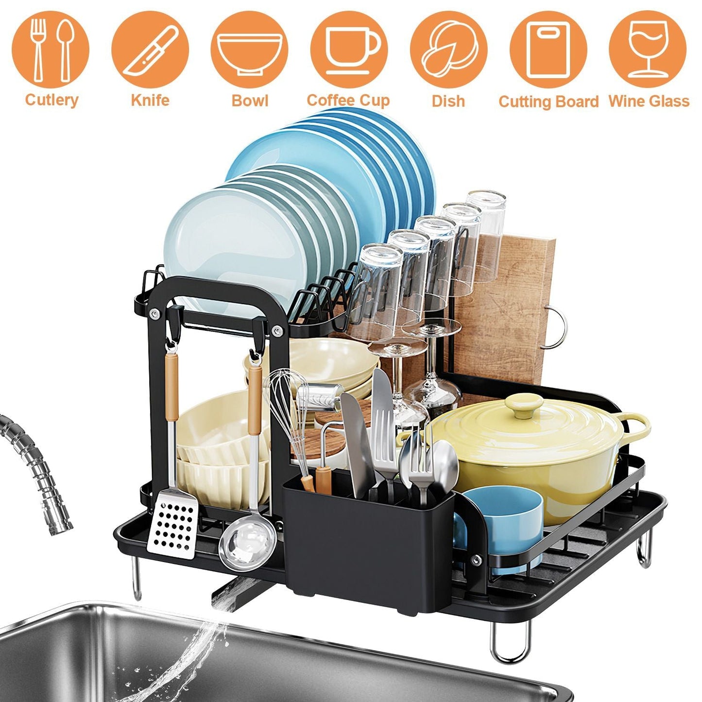 2 - Tier Dish Drying Rack for Kitchen Counter Space Saving Rustproof Dish Rack with Drainboard Detachable Kitchen Drainer Organizer Set with Utensil Holder Bowl Rack Dish Rack Chopping Board Rack - DelightsDownSouth
