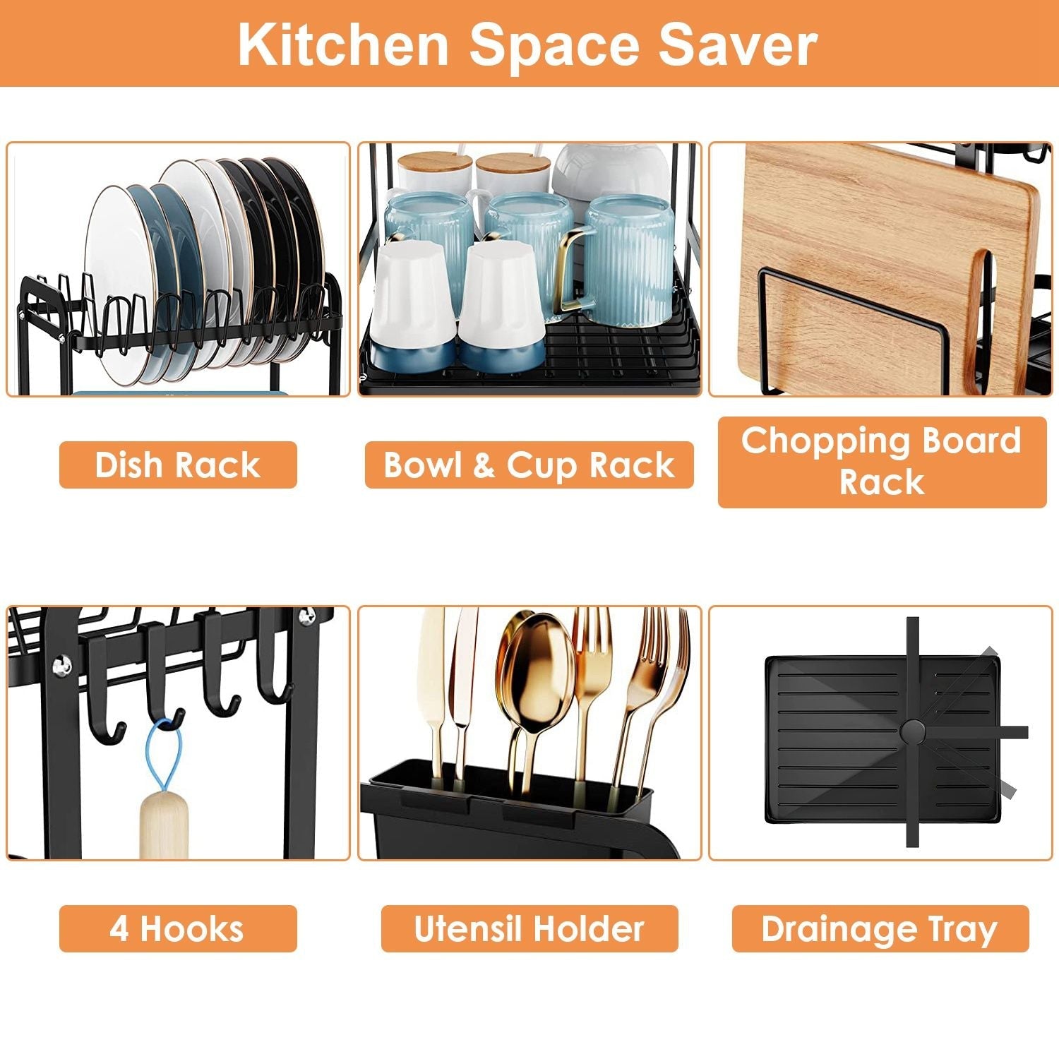 2 - Tier Dish Drying Rack for Kitchen Counter Space Saving Rustproof Dish Rack with Drainboard Detachable Kitchen Drainer Organizer Set with Utensil Holder Bowl Rack Dish Rack Chopping Board Rack - DelightsDownSouth