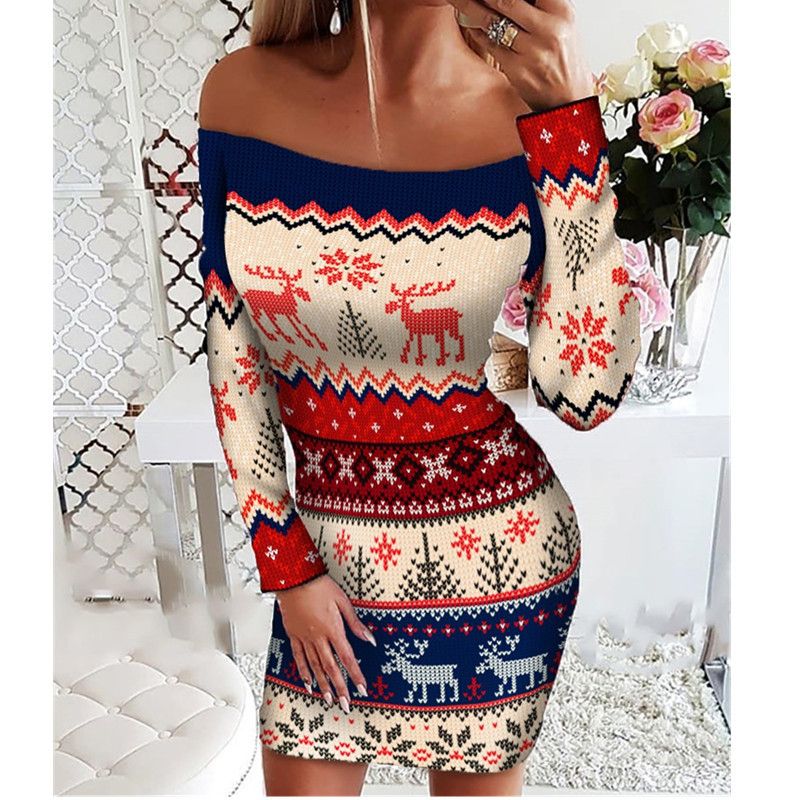 2021 Autumn and Winter Christmas New Ladies Christmas Print Sexy Long - sleeved Dress - DelightsDownSouth
