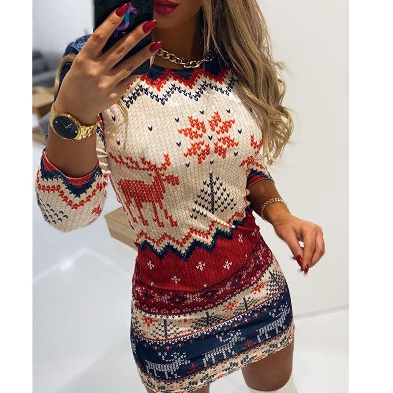 2021 Autumn and Winter Christmas New Ladies Christmas Print Sexy Long - sleeved Dress - DelightsDownSouth