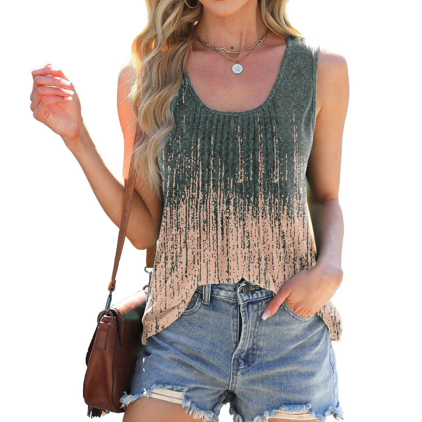 2025 Spring/Summer New Round Neck Tie Dyeing Printed Loose Sleeveless T-shirt Tank Top for Women - DelightsDownSouth