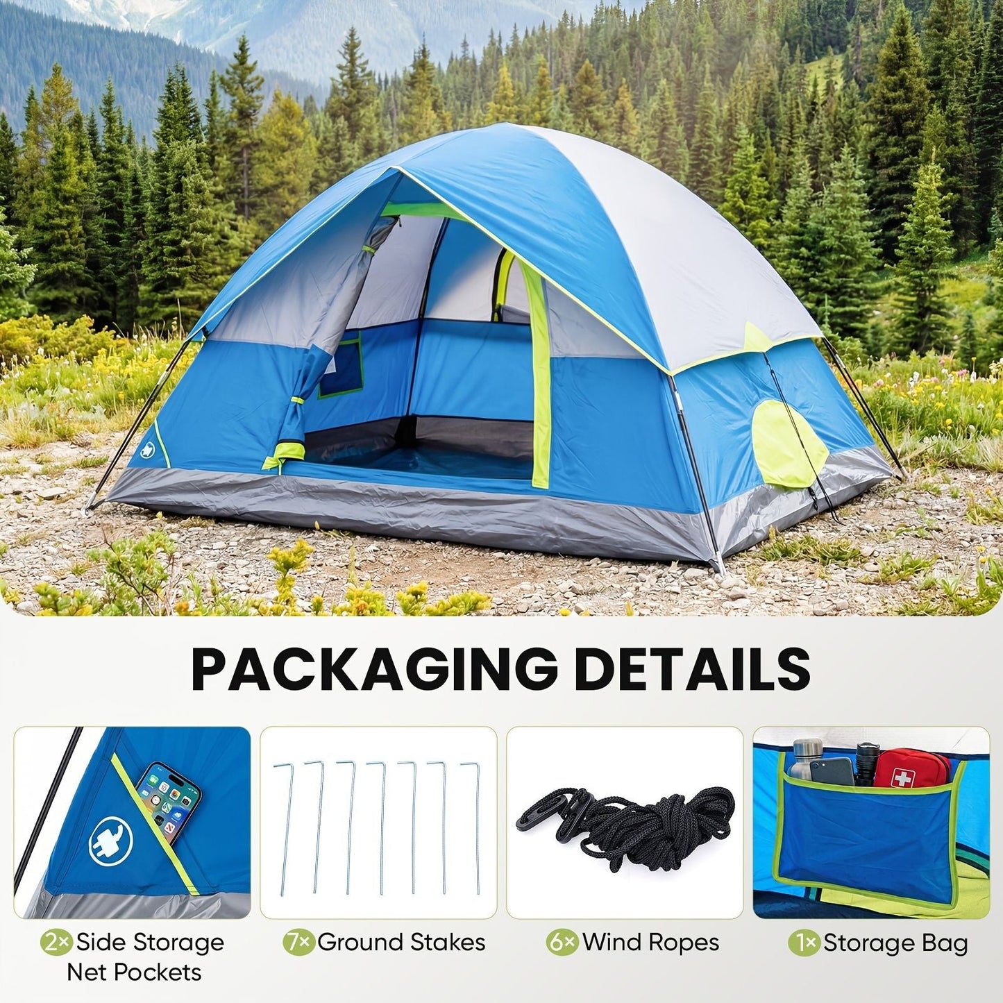 2/4 Person High Quality Camping Tent with Tent Fly, Easy Setup Dome Tent with Mesh Windows & Skylights, Lightweight Portable Tent for Outdoor Camping, Festivals & Backyard - DelightsDownSouth