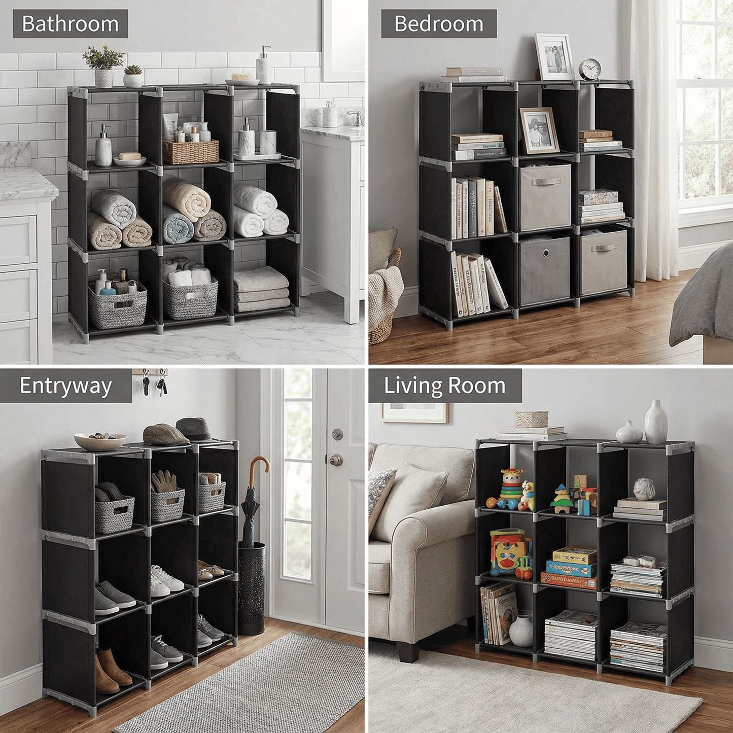 3 - Tier 9 - Cube Modular Storage Organizer – Durable Steel Tube & Non - Woven Fabric Shelf, Space - Saving Multi - Purpose Storage Rack for Bathroom, Kitchen, Bedroom, Living Room & Office - DelightsDownSouth