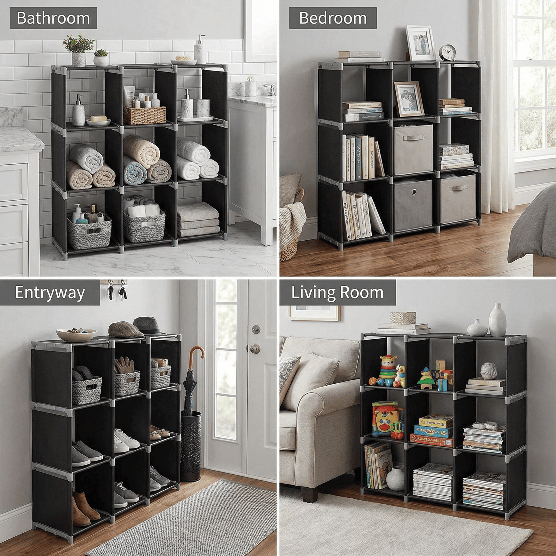 3 - Tier 9 - Cube Modular Storage Organizer – Durable Steel Tube & Non - Woven Fabric Shelf, Space - Saving Multi - Purpose Storage Rack for Bathroom, Kitchen, Bedroom, Living Room & Office - DelightsDownSouth