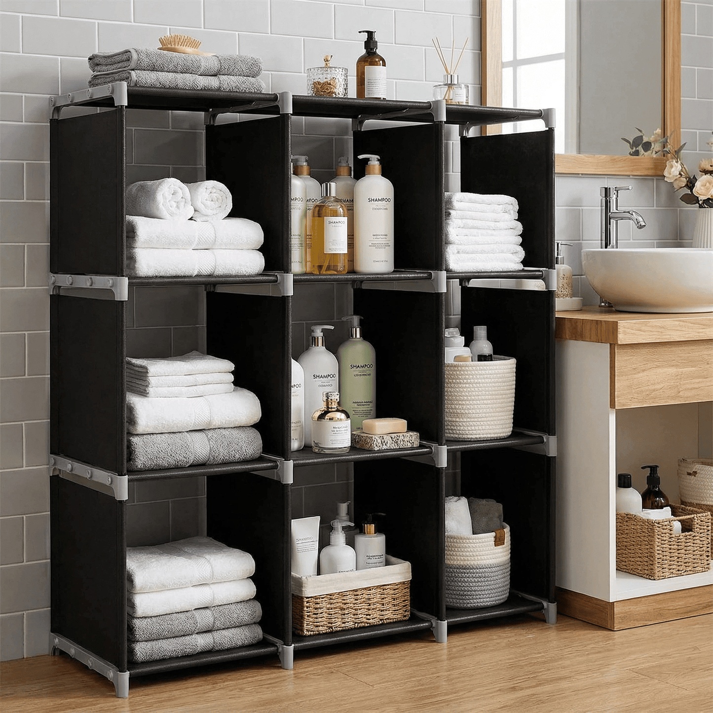 3 - Tier 9 - Cube Modular Storage Organizer – Durable Steel Tube & Non - Woven Fabric Shelf, Space - Saving Multi - Purpose Storage Rack for Bathroom, Kitchen, Bedroom, Living Room & Office - DelightsDownSouth