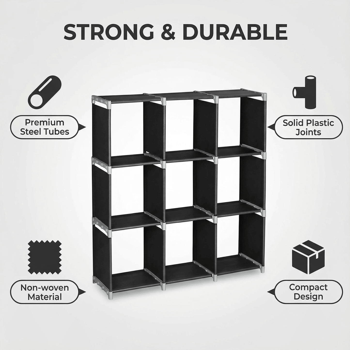 3 - Tier 9 - Cube Modular Storage Organizer – Durable Steel Tube & Non - Woven Fabric Shelf, Space - Saving Multi - Purpose Storage Rack for Bathroom, Kitchen, Bedroom, Living Room & Office - DelightsDownSouth