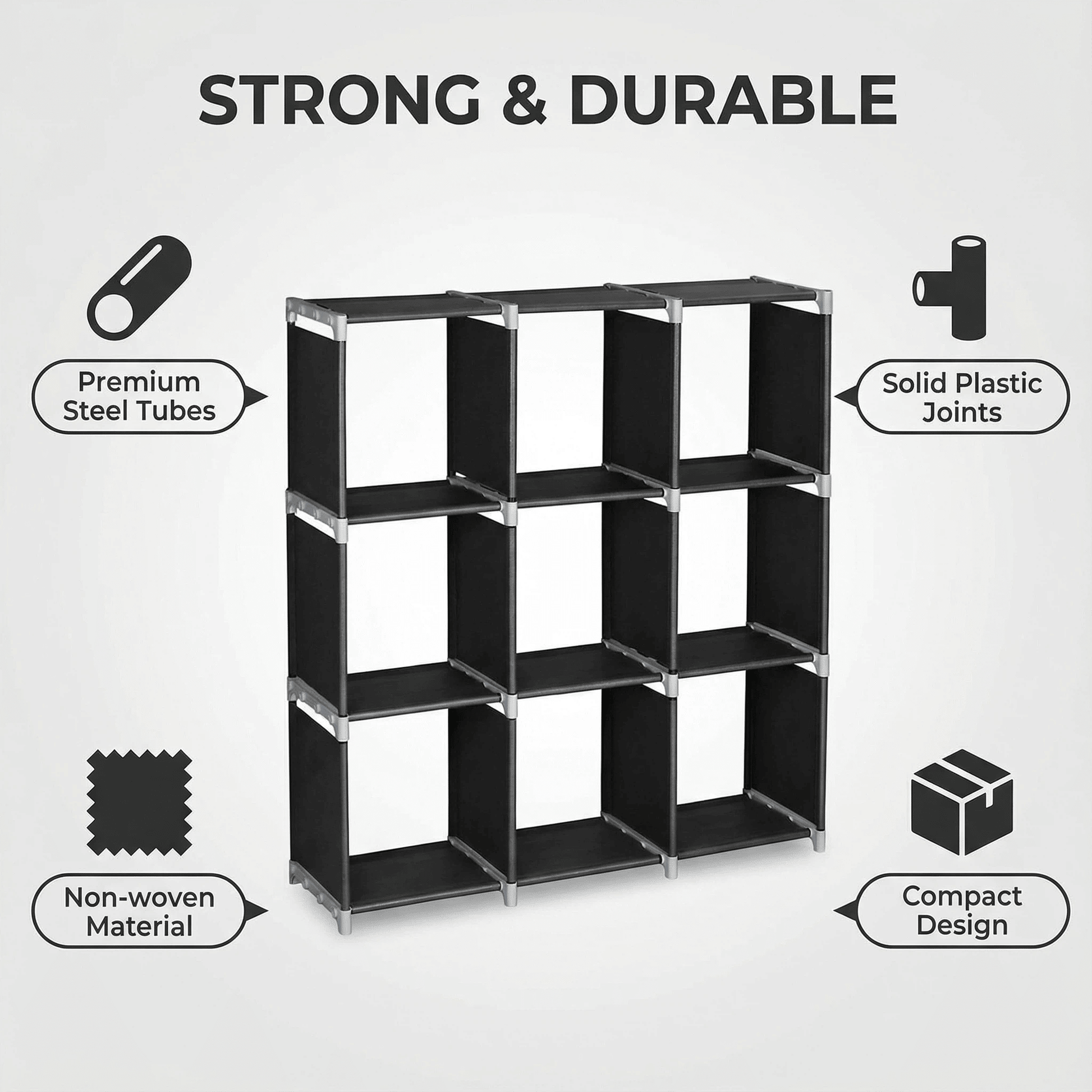3 - Tier 9 - Cube Modular Storage Organizer – Durable Steel Tube & Non - Woven Fabric Shelf, Space - Saving Multi - Purpose Storage Rack for Bathroom, Kitchen, Bedroom, Living Room & Office - DelightsDownSouth