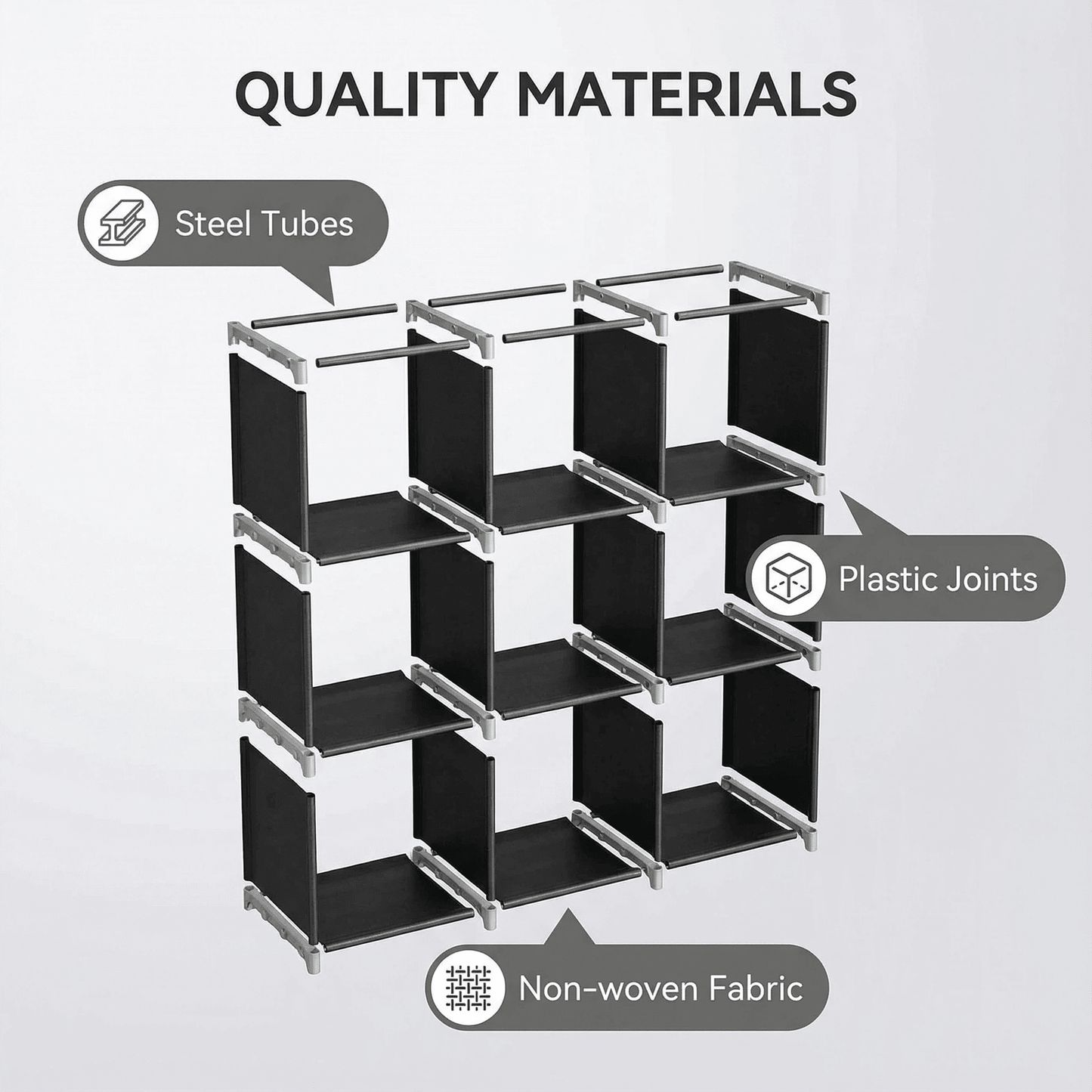 3 - Tier 9 - Cube Modular Storage Organizer – Durable Steel Tube & Non - Woven Fabric Shelf, Space - Saving Multi - Purpose Storage Rack for Bathroom, Kitchen, Bedroom, Living Room & Office - DelightsDownSouth