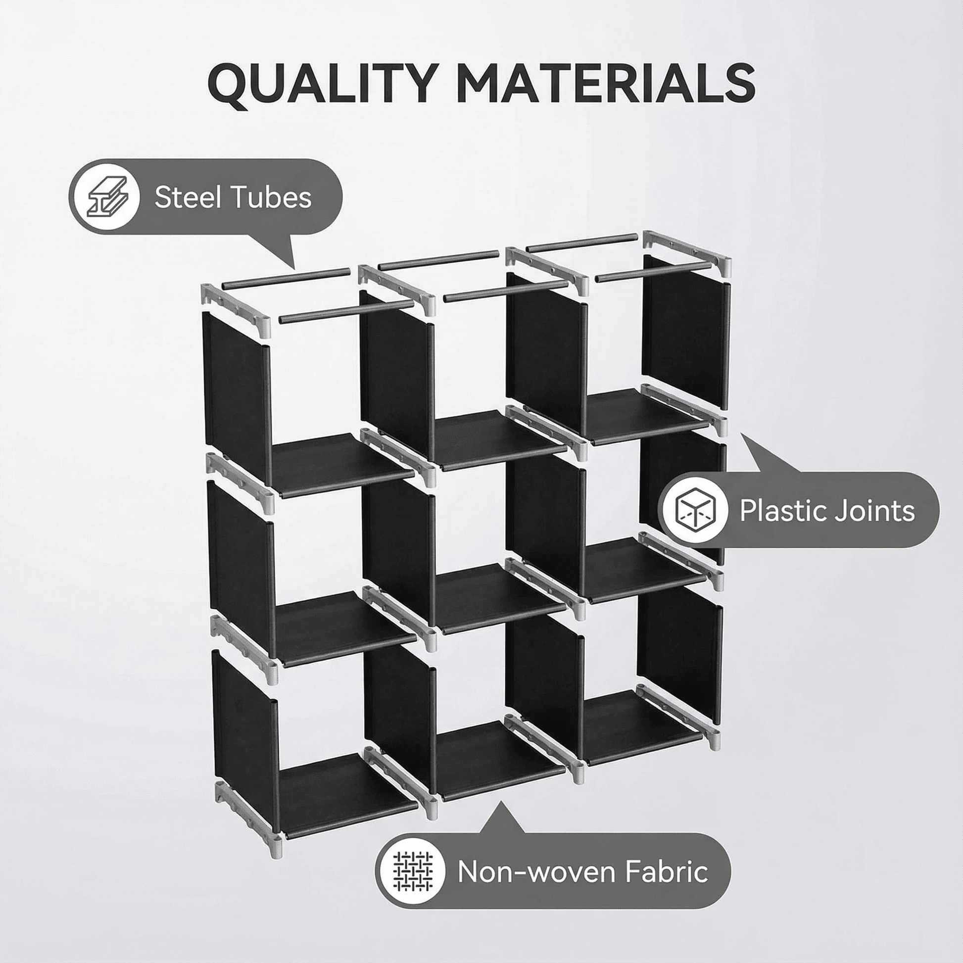 3 - Tier 9 - Cube Modular Storage Organizer – Durable Steel Tube & Non - Woven Fabric Shelf, Space - Saving Multi - Purpose Storage Rack for Bathroom, Kitchen, Bedroom, Living Room & Office - DelightsDownSouth