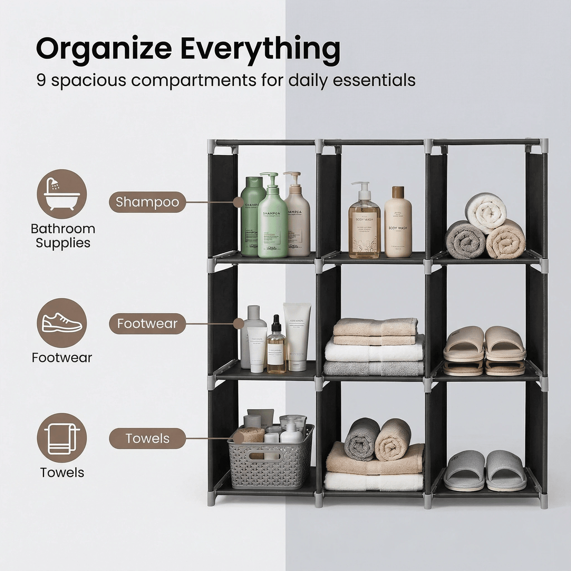 3 - Tier 9 - Cube Modular Storage Organizer – Durable Steel Tube & Non - Woven Fabric Shelf, Space - Saving Multi - Purpose Storage Rack for Bathroom, Kitchen, Bedroom, Living Room & Office - DelightsDownSouth