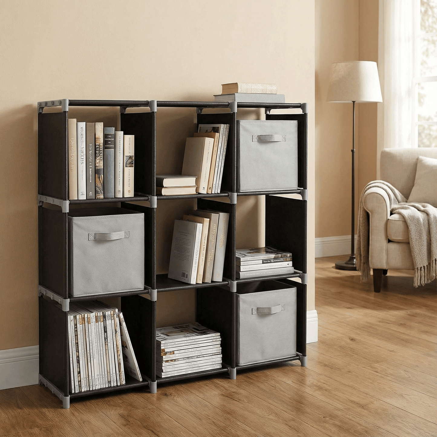 3 - Tier 9 - Cube Modular Storage Organizer – Durable Steel Tube & Non - Woven Fabric Shelf, Space - Saving Multi - Purpose Storage Rack for Bathroom, Kitchen, Bedroom, Living Room & Office - DelightsDownSouth