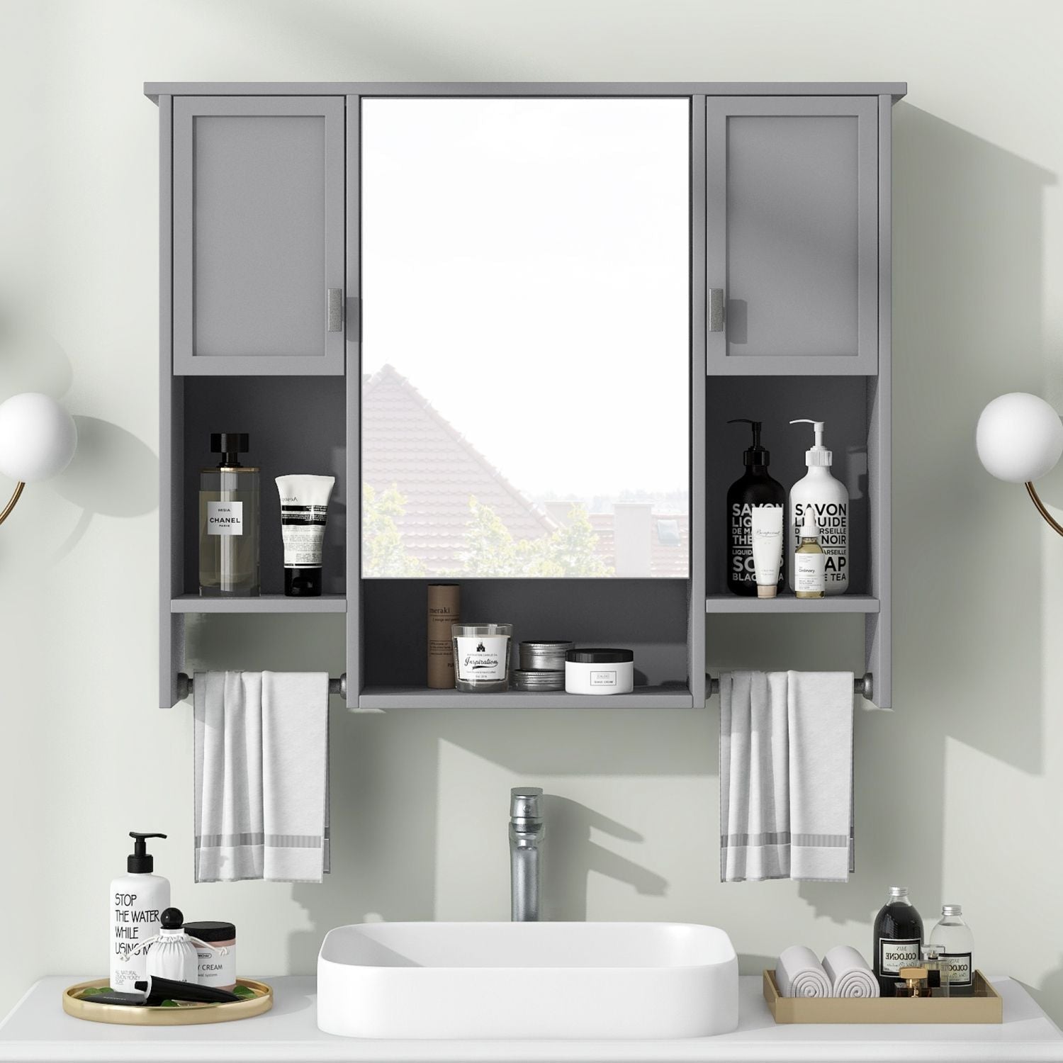 35'' x 28'' Modern Wall Mounted Bathroom Storage Cabinet, Bathroom Wall Cabinet with Mirror, Medicine Cabinet with Towels Bar - DelightsDownSouth