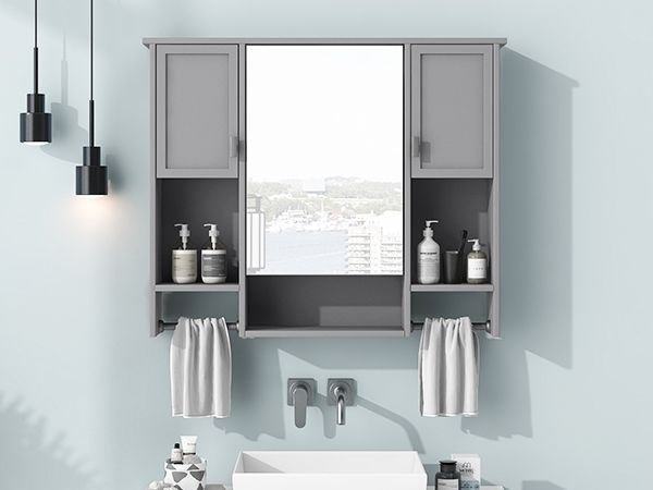 35'' x 28'' Modern Wall Mounted Bathroom Storage Cabinet, Bathroom Wall Cabinet with Mirror, Medicine Cabinet with Towels Bar - DelightsDownSouth
