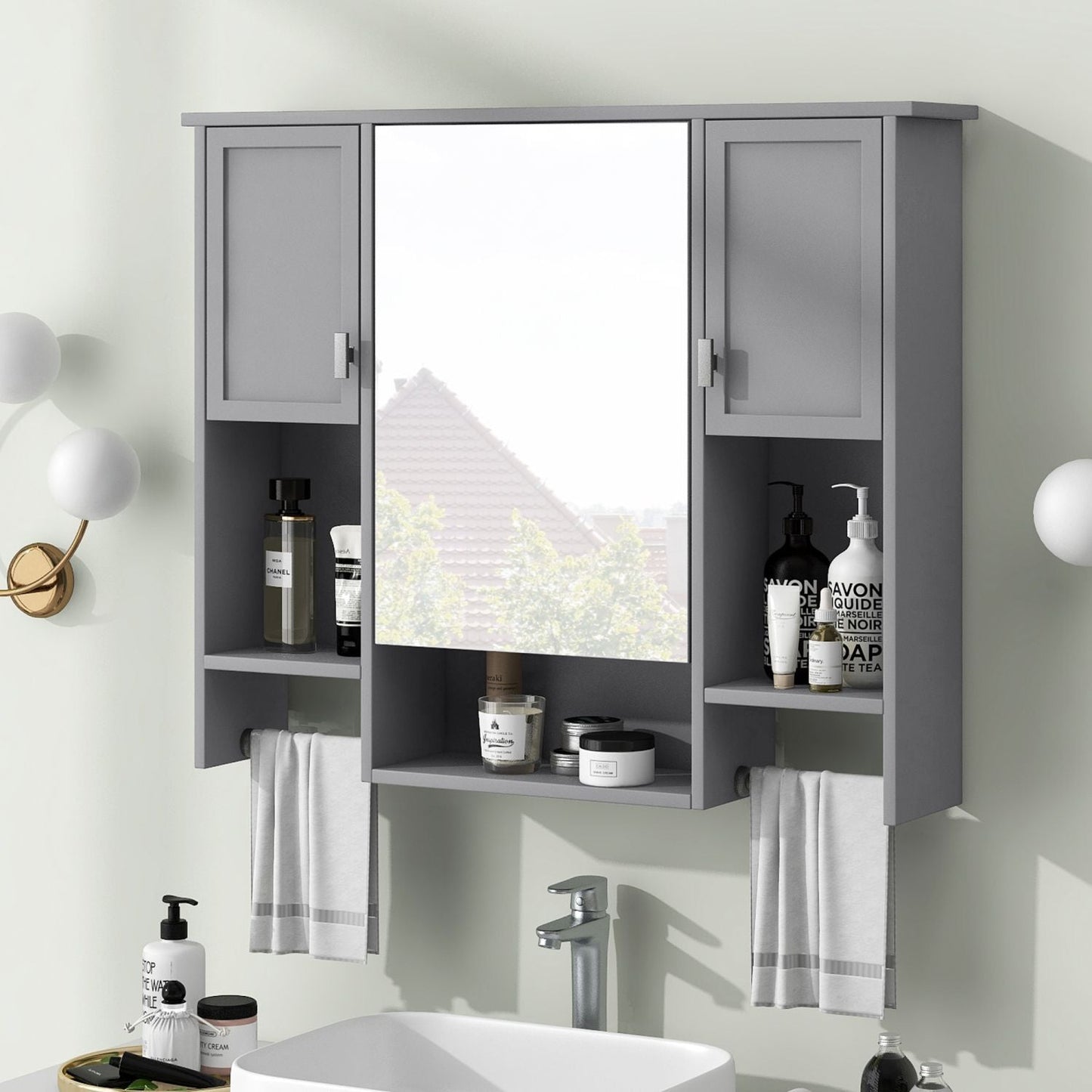 35'' x 28'' Modern Wall Mounted Bathroom Storage Cabinet, Bathroom Wall Cabinet with Mirror, Medicine Cabinet with Towels Bar - DelightsDownSouth