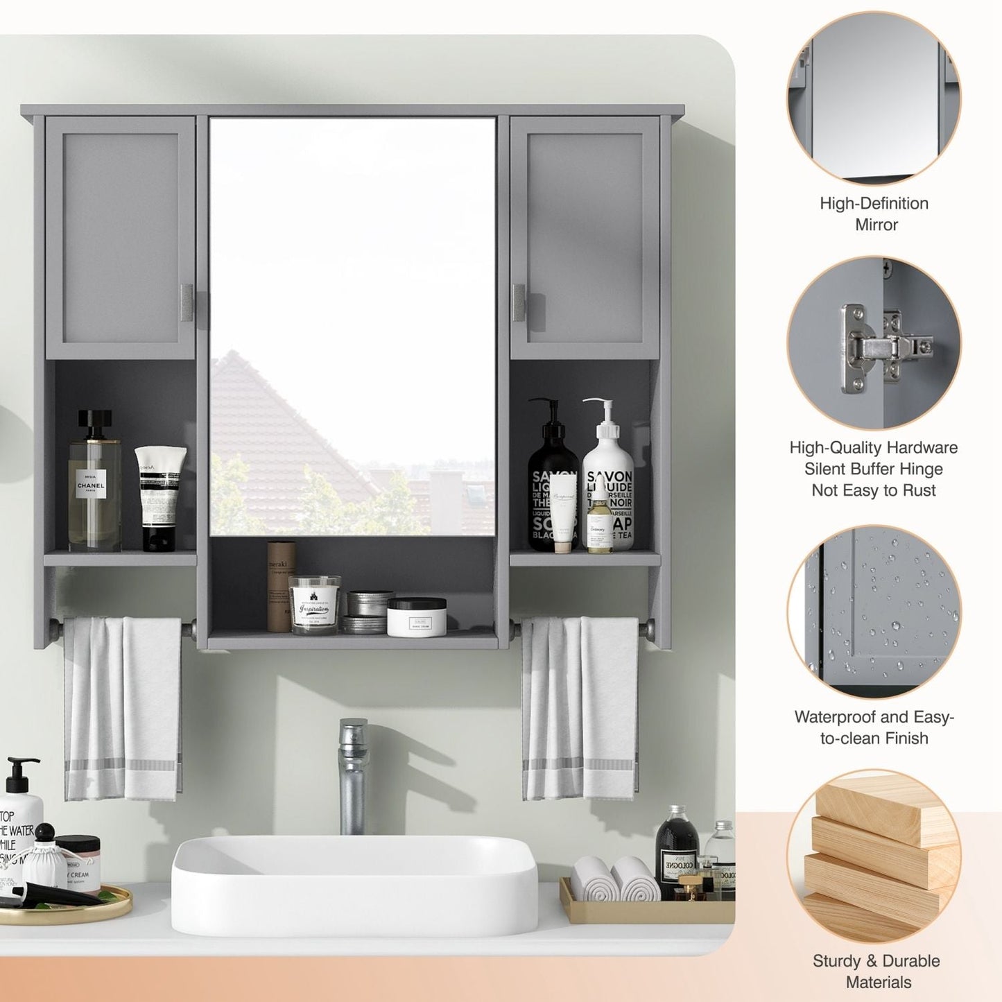 35'' x 28'' Modern Wall Mounted Bathroom Storage Cabinet, Bathroom Wall Cabinet with Mirror, Medicine Cabinet with Towels Bar - DelightsDownSouth