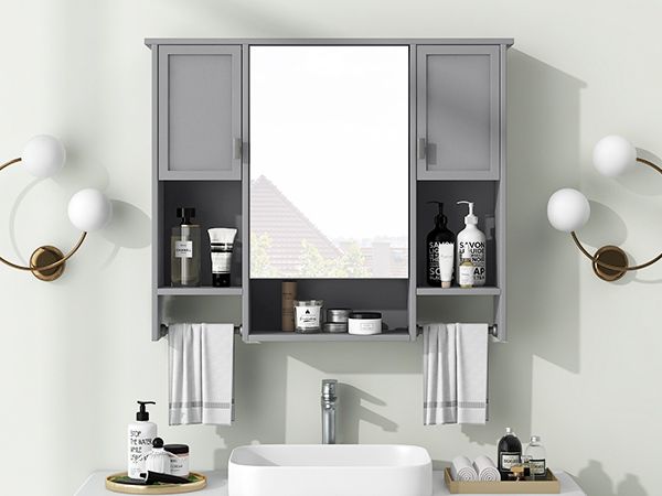 35'' x 28'' Modern Wall Mounted Bathroom Storage Cabinet, Bathroom Wall Cabinet with Mirror, Medicine Cabinet with Towels Bar - DelightsDownSouth