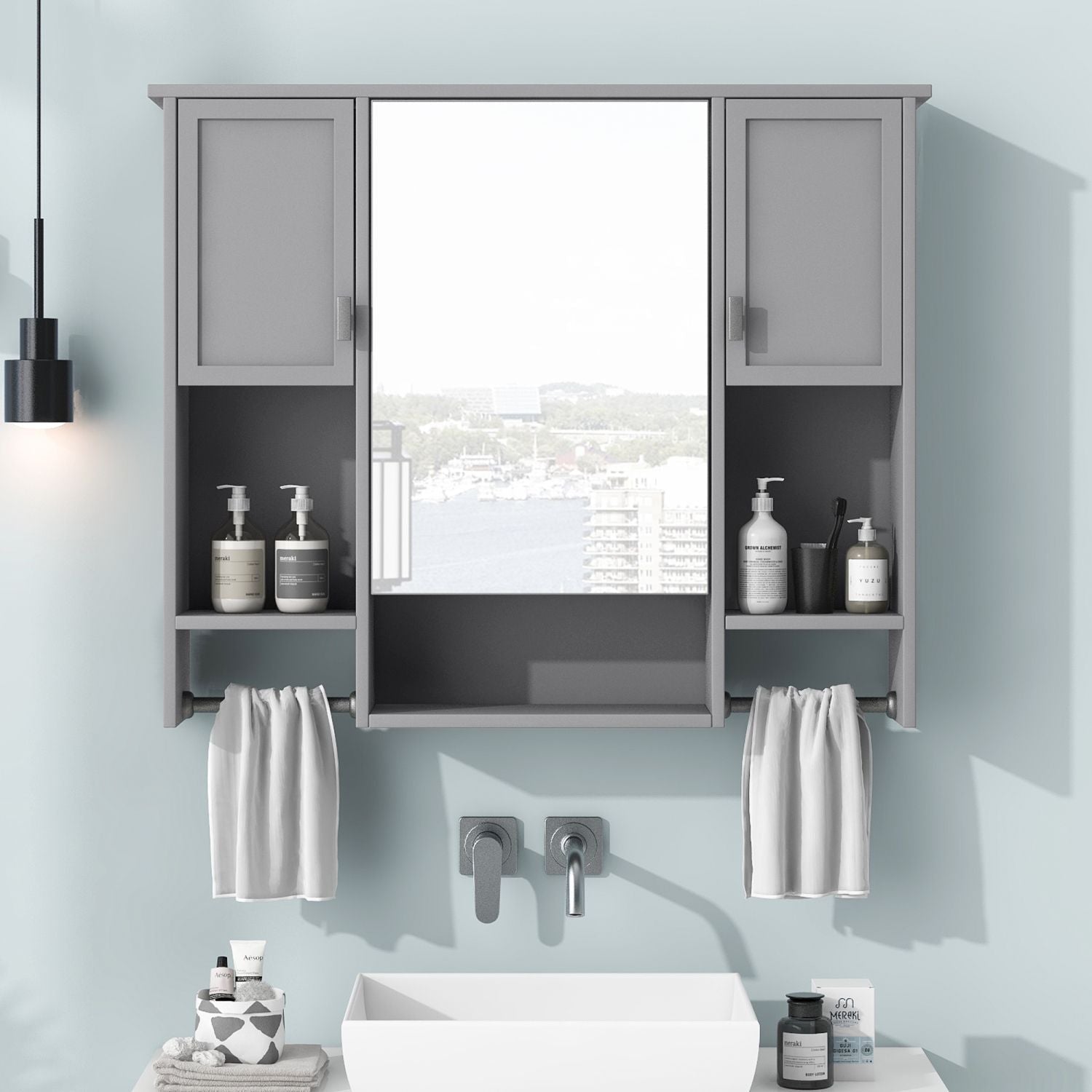 35'' x 28'' Modern Wall Mounted Bathroom Storage Cabinet, Bathroom Wall Cabinet with Mirror, Medicine Cabinet with Towels Bar - DelightsDownSouth