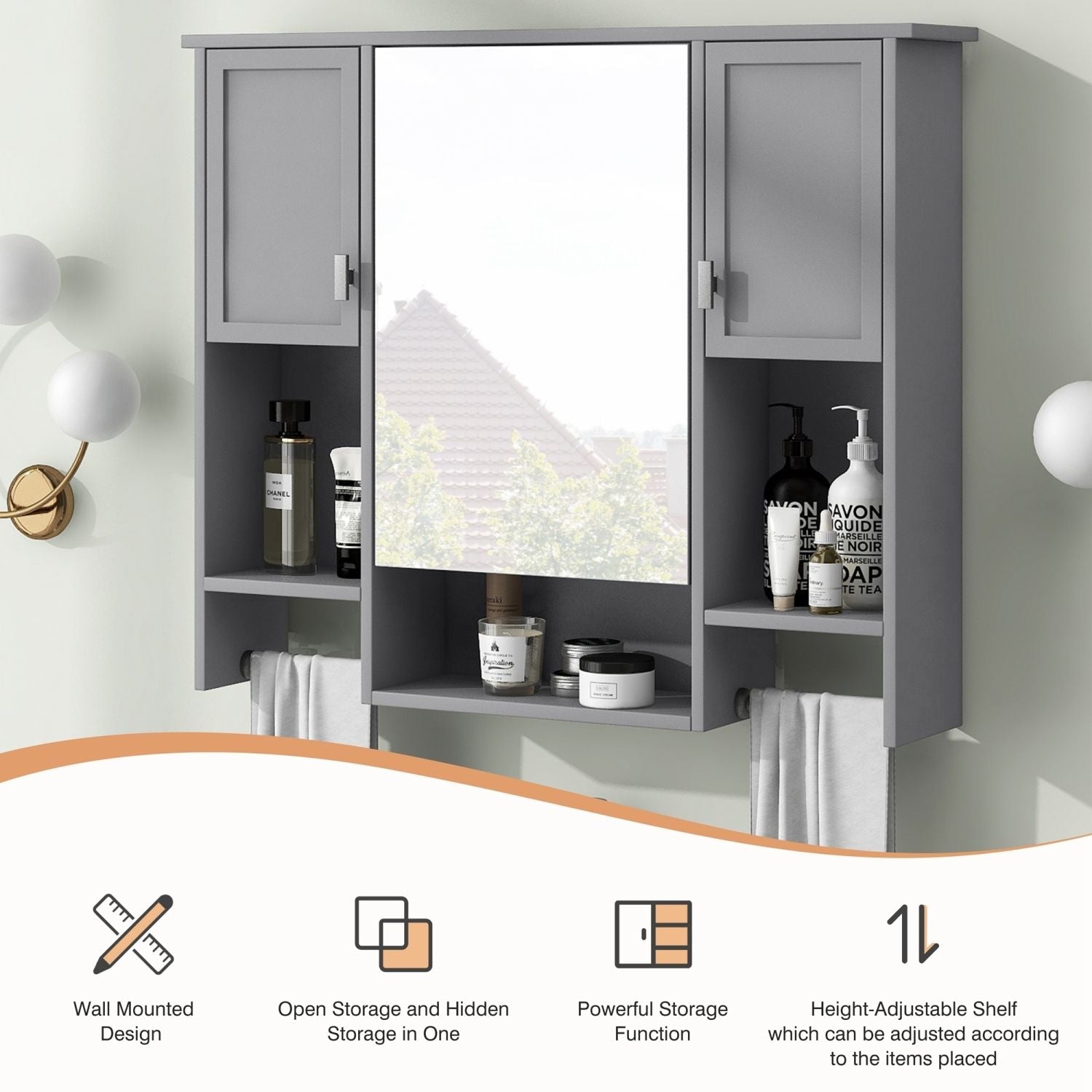 35'' x 28'' Modern Wall Mounted Bathroom Storage Cabinet, Bathroom Wall Cabinet with Mirror, Medicine Cabinet with Towels Bar - DelightsDownSouth
