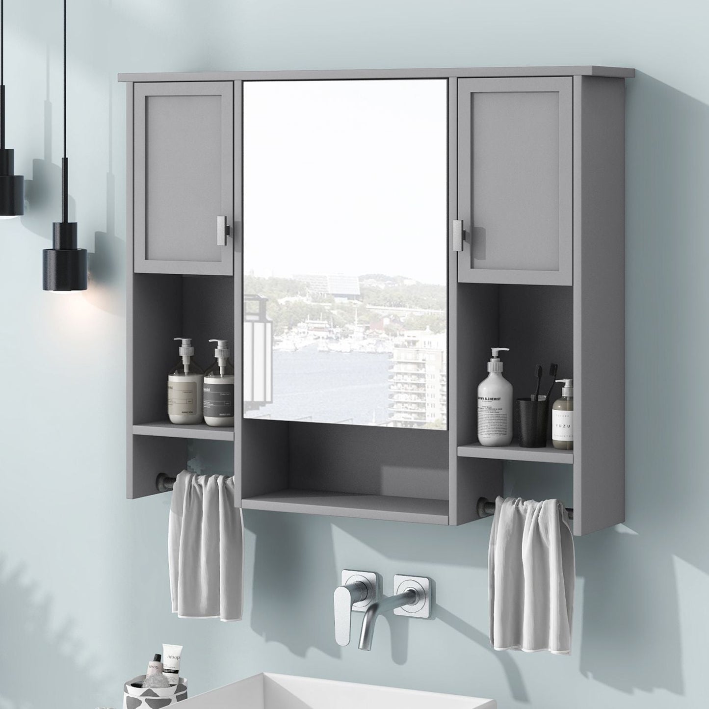 35'' x 28'' Modern Wall Mounted Bathroom Storage Cabinet, Bathroom Wall Cabinet with Mirror, Medicine Cabinet with Towels Bar - DelightsDownSouth
