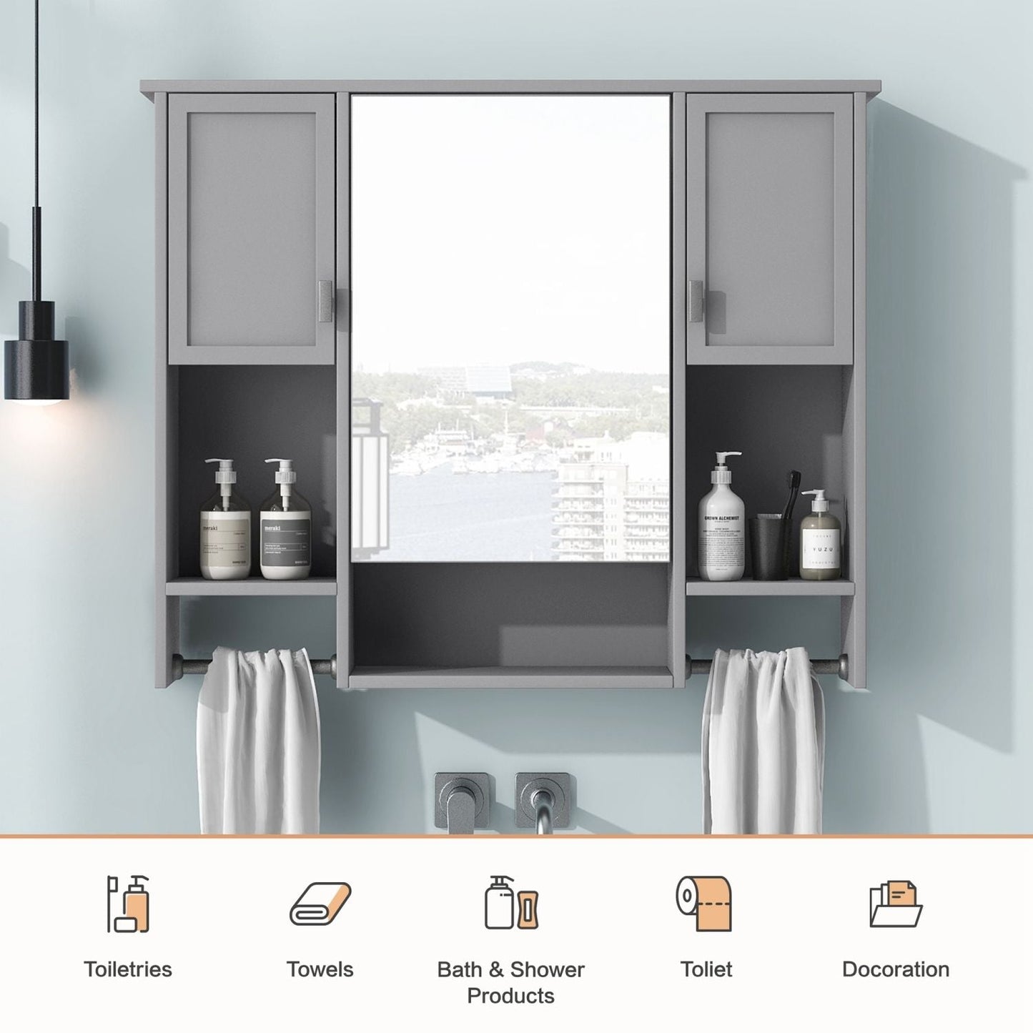 35'' x 28'' Modern Wall Mounted Bathroom Storage Cabinet, Bathroom Wall Cabinet with Mirror, Medicine Cabinet with Towels Bar - DelightsDownSouth