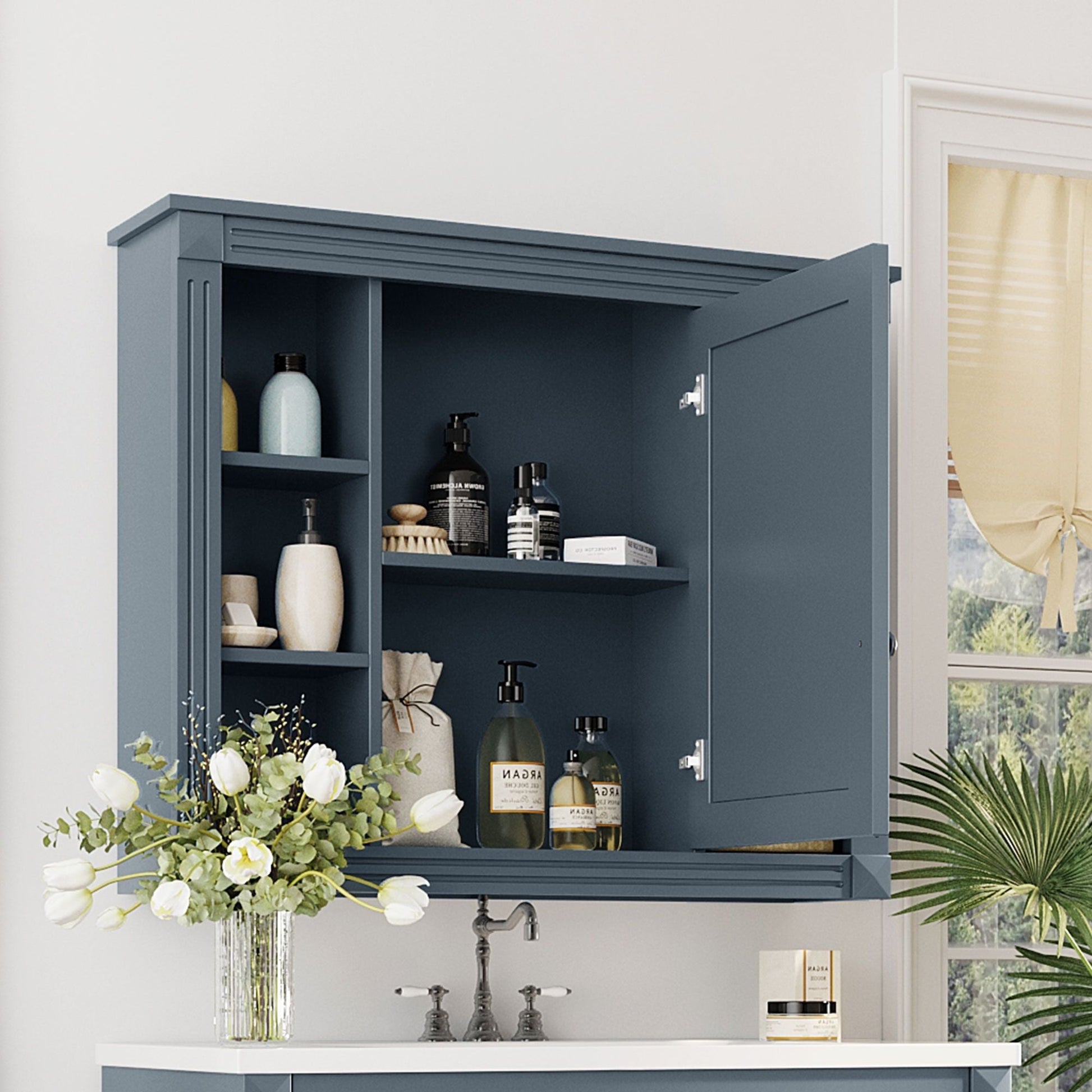 35'' x 28'' Wall Mounted Bathroom Storage Cabinet, Medicine Cabinet, Modern Bathroom Wall Cabinet with Mirror, Mirror Cabinet with 6 Open Shelves (Not Include Bathroom Vanity ) - DelightsDownSouth