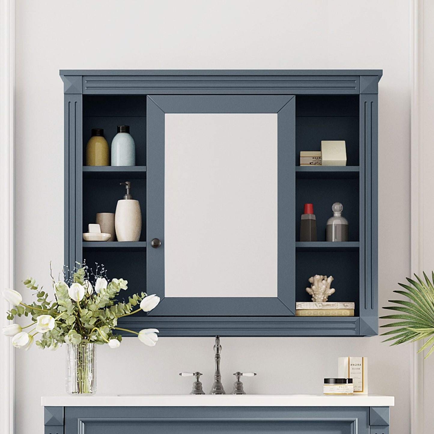 35'' x 28'' Wall Mounted Bathroom Storage Cabinet, Medicine Cabinet, Modern Bathroom Wall Cabinet with Mirror, Mirror Cabinet with 6 Open Shelves (Not Include Bathroom Vanity ) - DelightsDownSouth