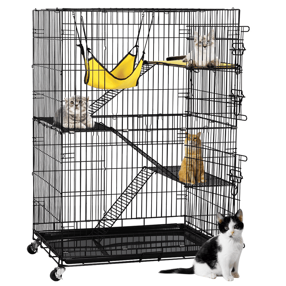 4 Tiers Rolling Cat Cage Pet Cage with Hammock; Black - DelightsDownSouth