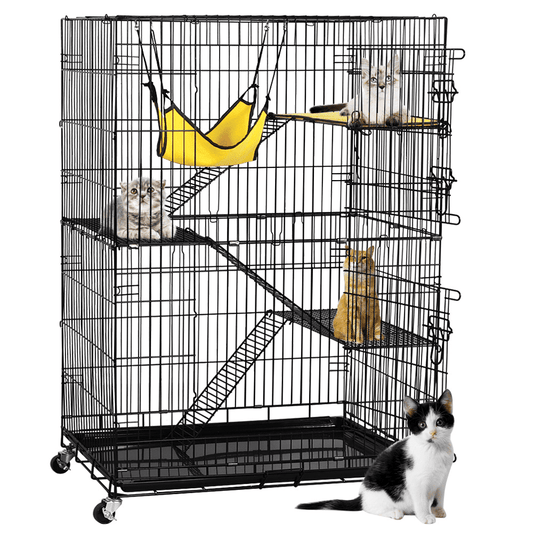 4 Tiers Rolling Cat Cage Pet Cage with Hammock; Black - DelightsDownSouth
