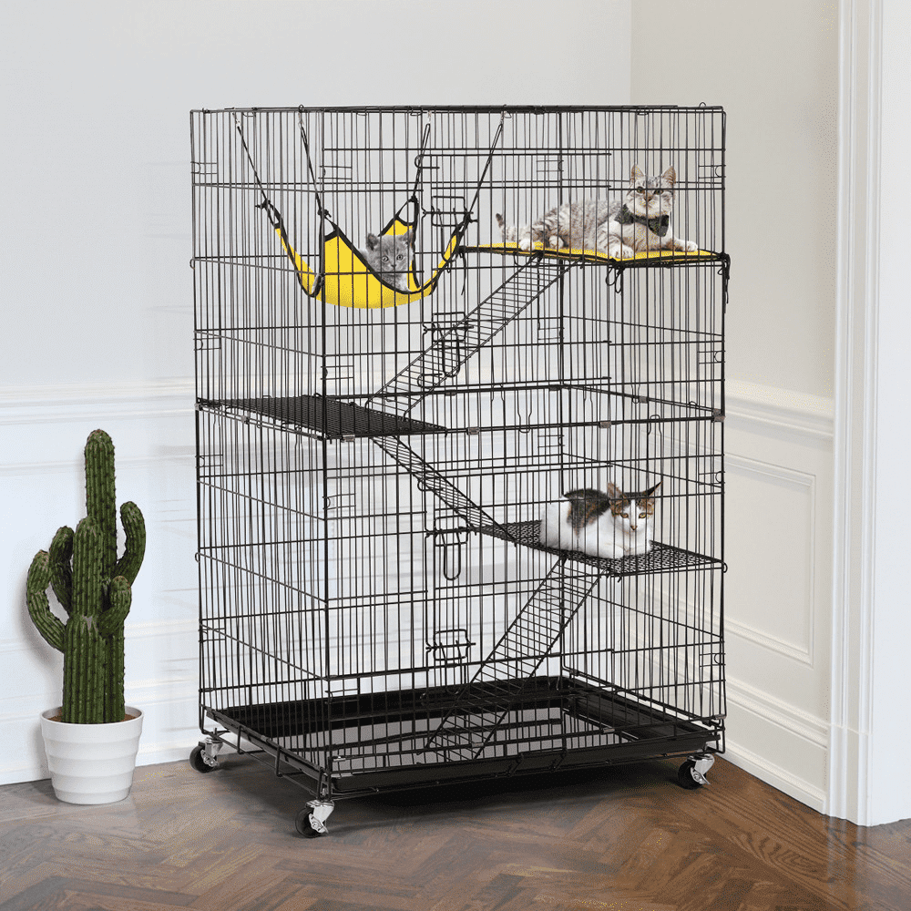 4 Tiers Rolling Cat Cage Pet Cage with Hammock; Black - DelightsDownSouth