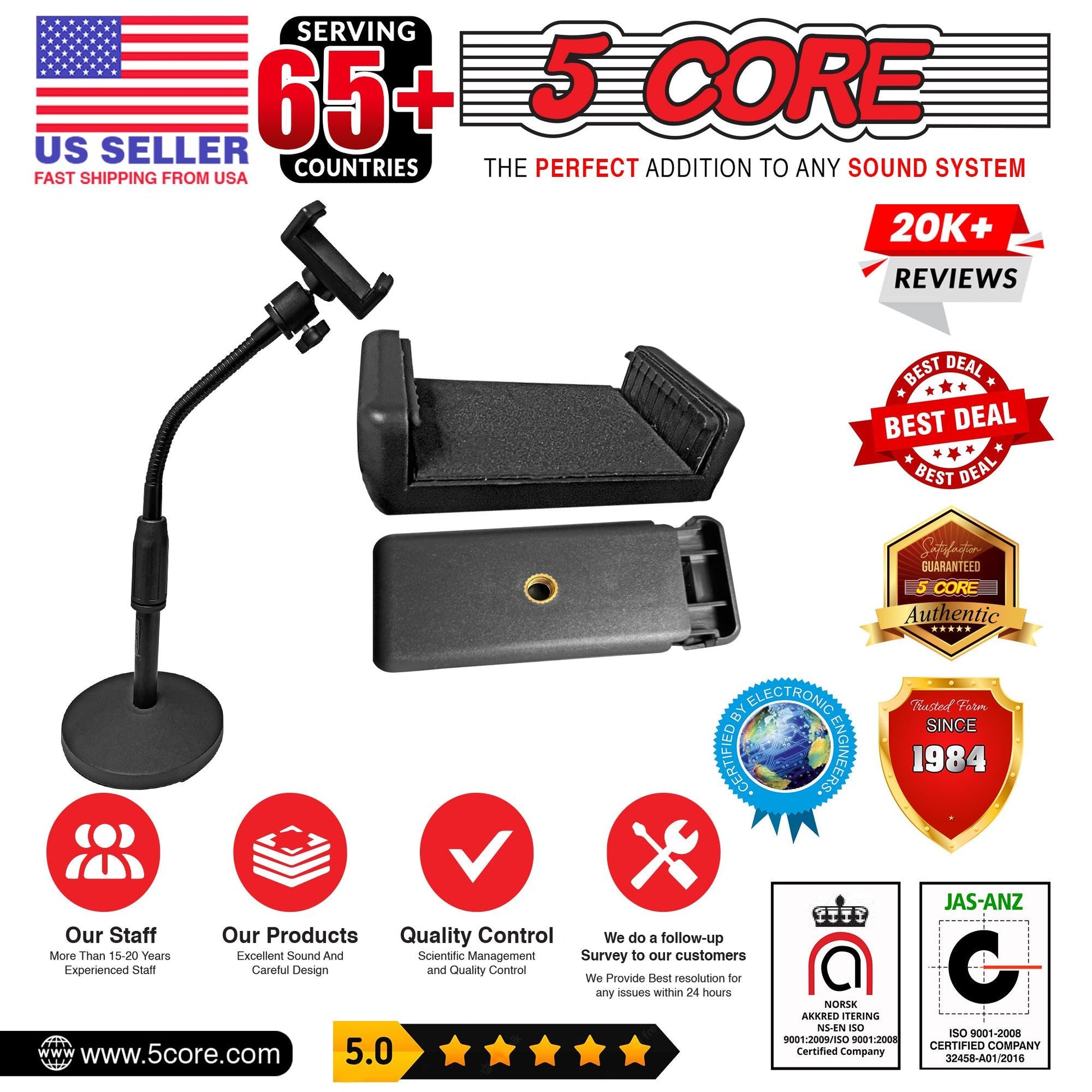 5 Core Gooseneck Phone Holder Stand for Desk Table Flexible Arm with Anti - Skid Round Base, Cell Phones Mount Clamp Compatible with All Smart Phones RBS MOB - DelightsDownSouth