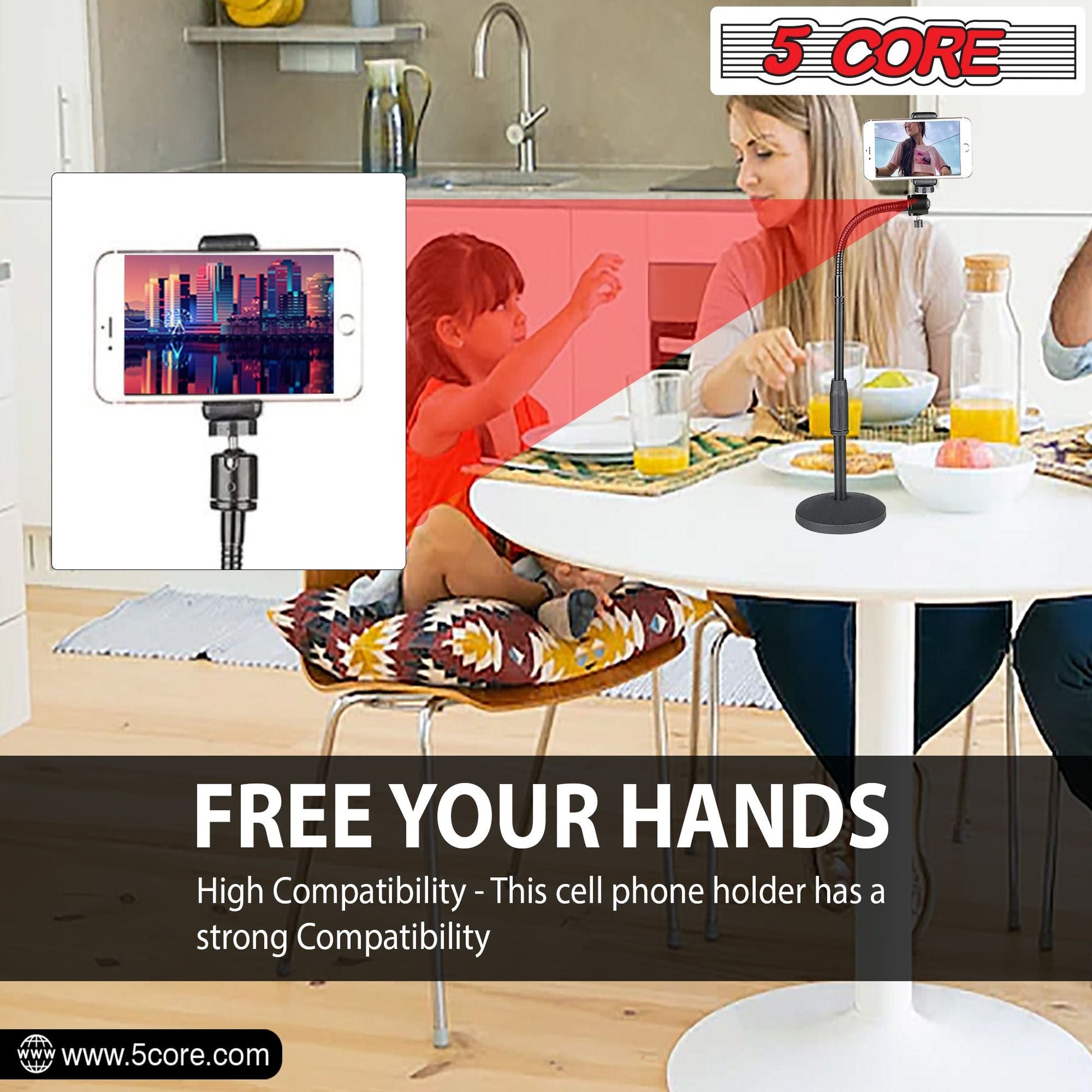 5 Core Gooseneck Phone Holder Stand for Desk Table Flexible Arm with Anti - Skid Round Base, Cell Phones Mount Clamp Compatible with All Smart Phones RBS MOB - DelightsDownSouth