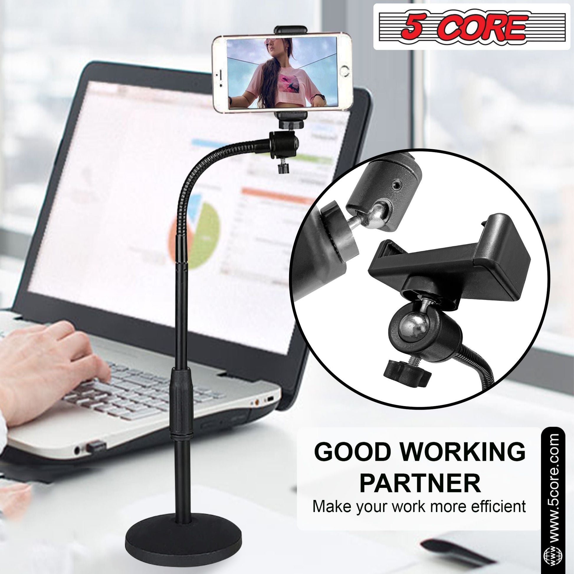 5 Core Gooseneck Phone Holder Stand for Desk Table Flexible Arm with Anti - Skid Round Base, Cell Phones Mount Clamp Compatible with All Smart Phones RBS MOB - DelightsDownSouth