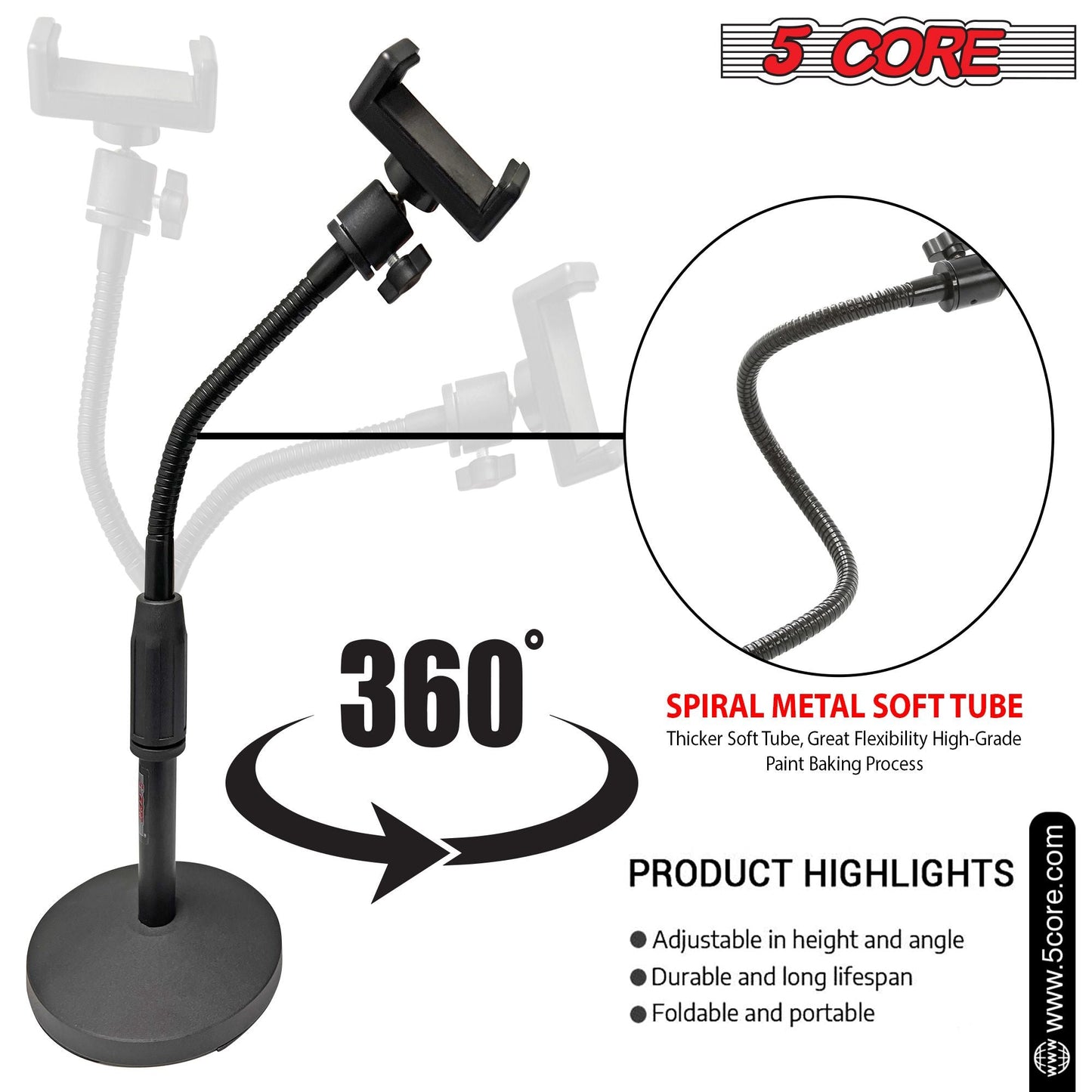 5 Core Gooseneck Phone Holder Stand for Desk Table Flexible Arm with Anti - Skid Round Base, Cell Phones Mount Clamp Compatible with All Smart Phones RBS MOB - DelightsDownSouth