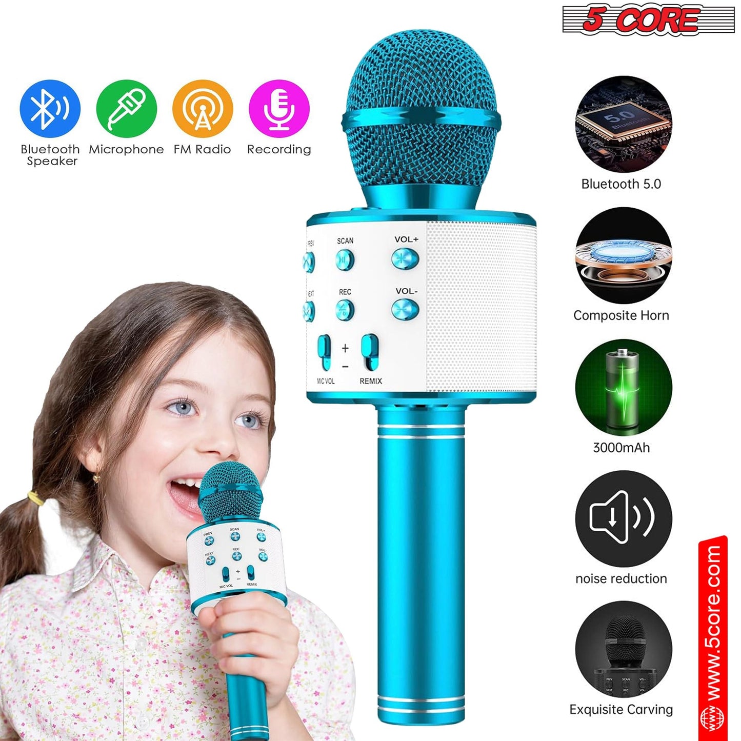 5 Core Microphone Wireless Karaoke Mic With Speaker 3 in 1 Portable Bluetooth Microfono Inalambrico - DelightsDownSouth