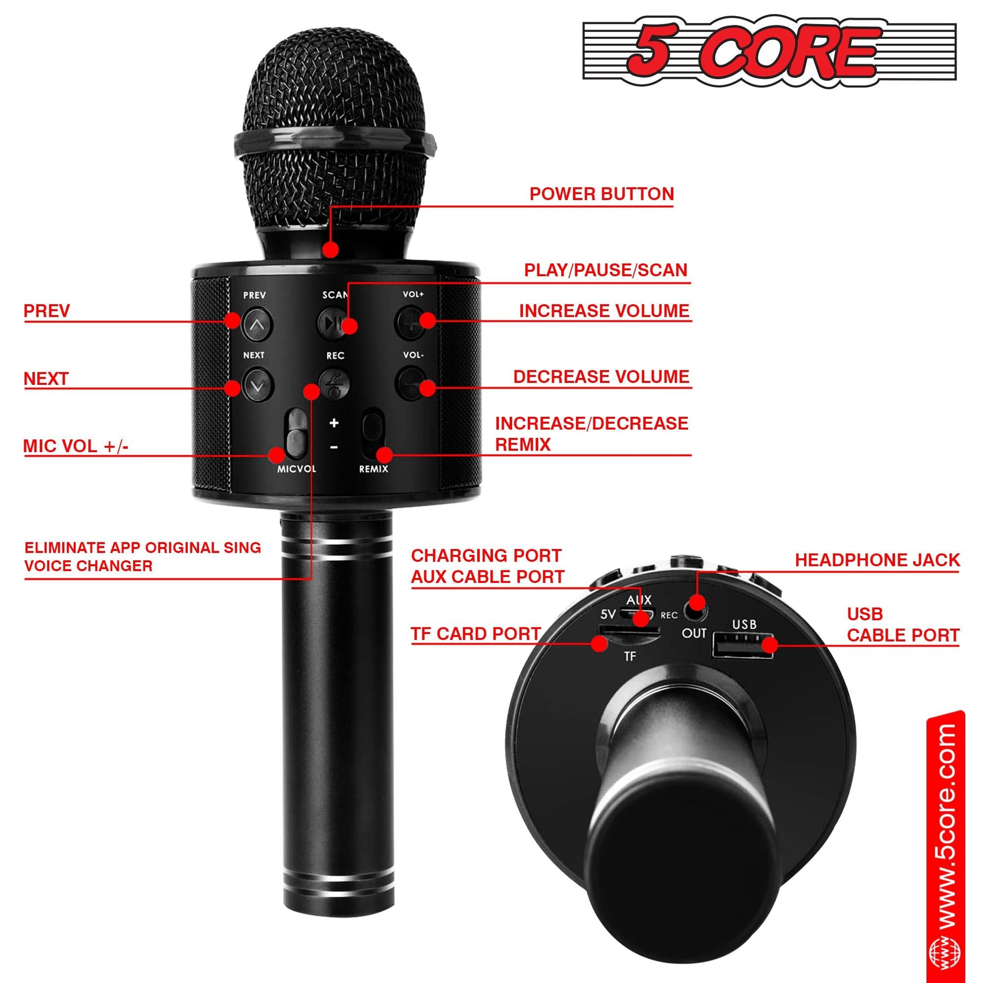 5 Core Microphone Wireless Karaoke Mic With Speaker 3 in 1 Portable Bluetooth Microfono Inalambrico - DelightsDownSouth