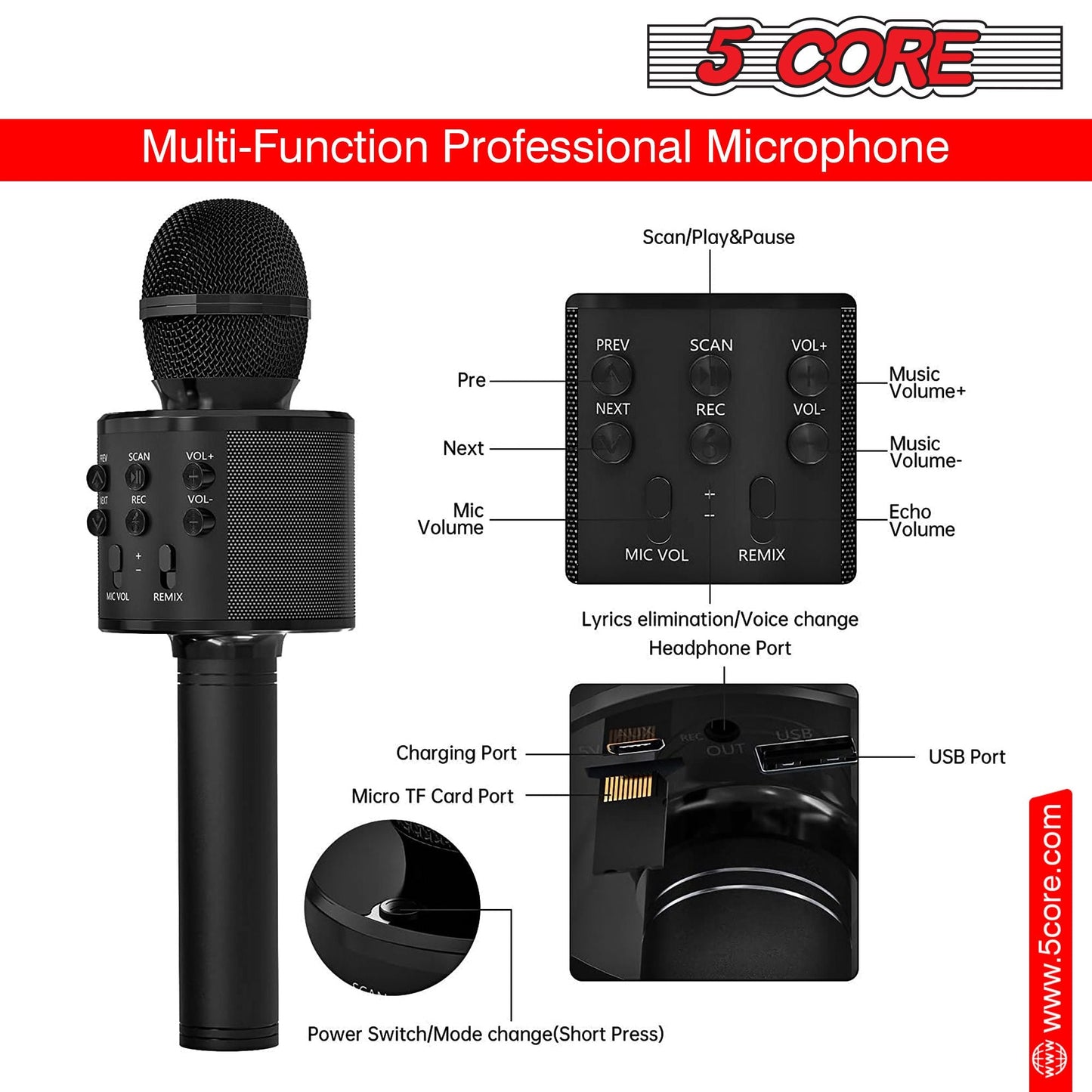 5 Core Microphone Wireless Karaoke Mic With Speaker 3 in 1 Portable Bluetooth Microfono Inalambrico - DelightsDownSouth