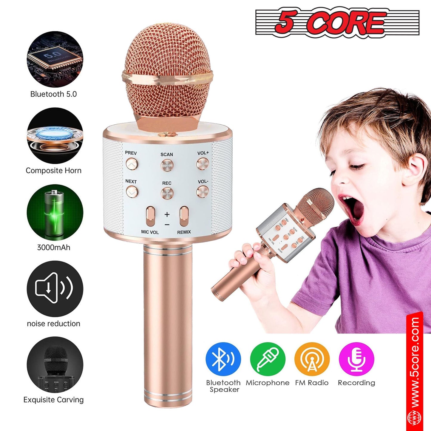 5 Core Microphone Wireless Karaoke Mic With Speaker 3 in 1 Portable Bluetooth Microfono Inalambrico - DelightsDownSouth