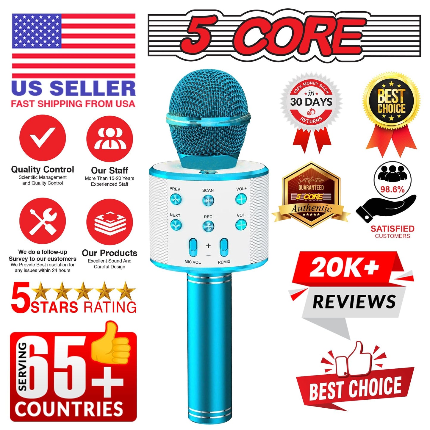 5 Core Microphone Wireless Karaoke Mic With Speaker 3 in 1 Portable Bluetooth Microfono Inalambrico - DelightsDownSouth