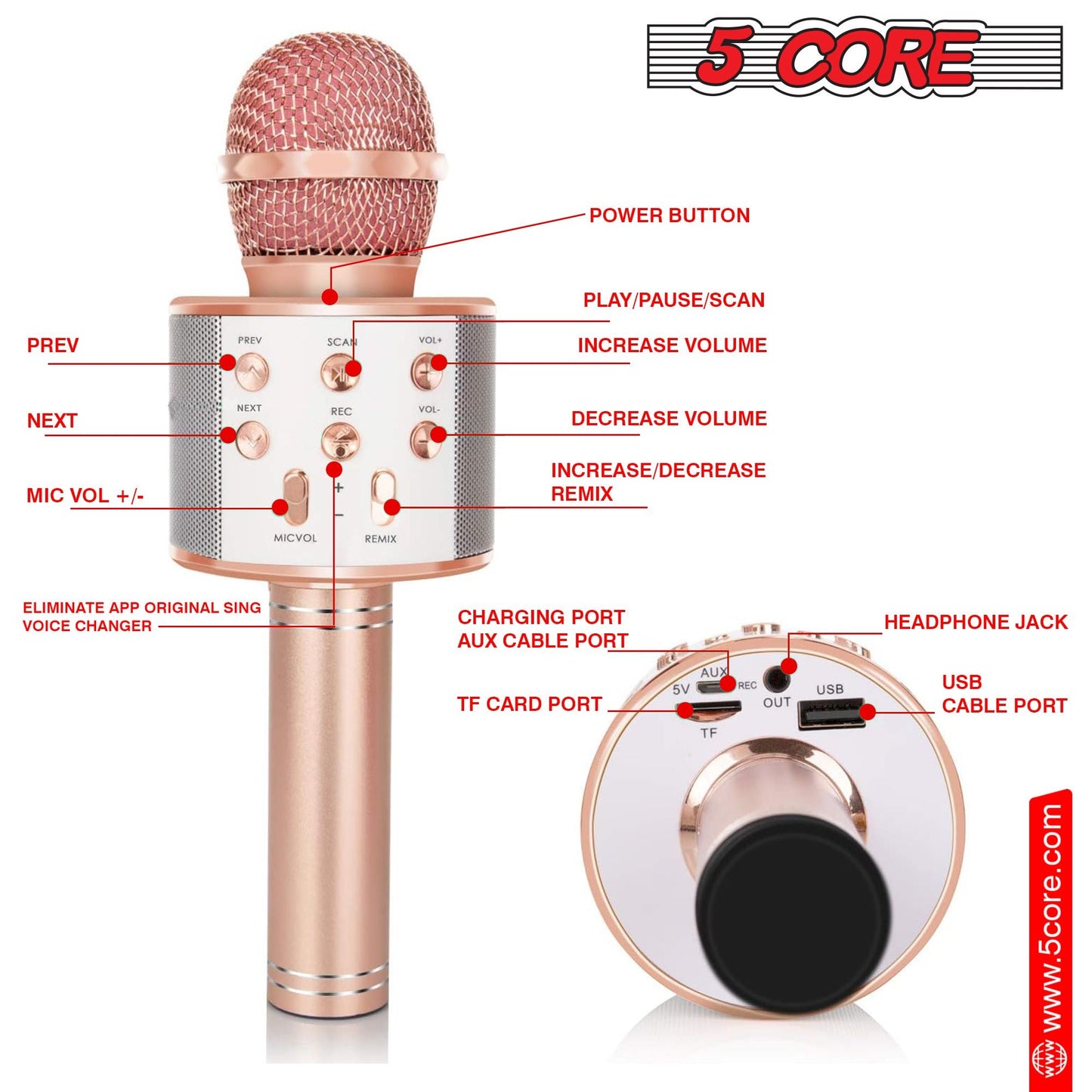 5 Core Microphone Wireless Karaoke Mic With Speaker 3 in 1 Portable Bluetooth Microfono Inalambrico - DelightsDownSouth