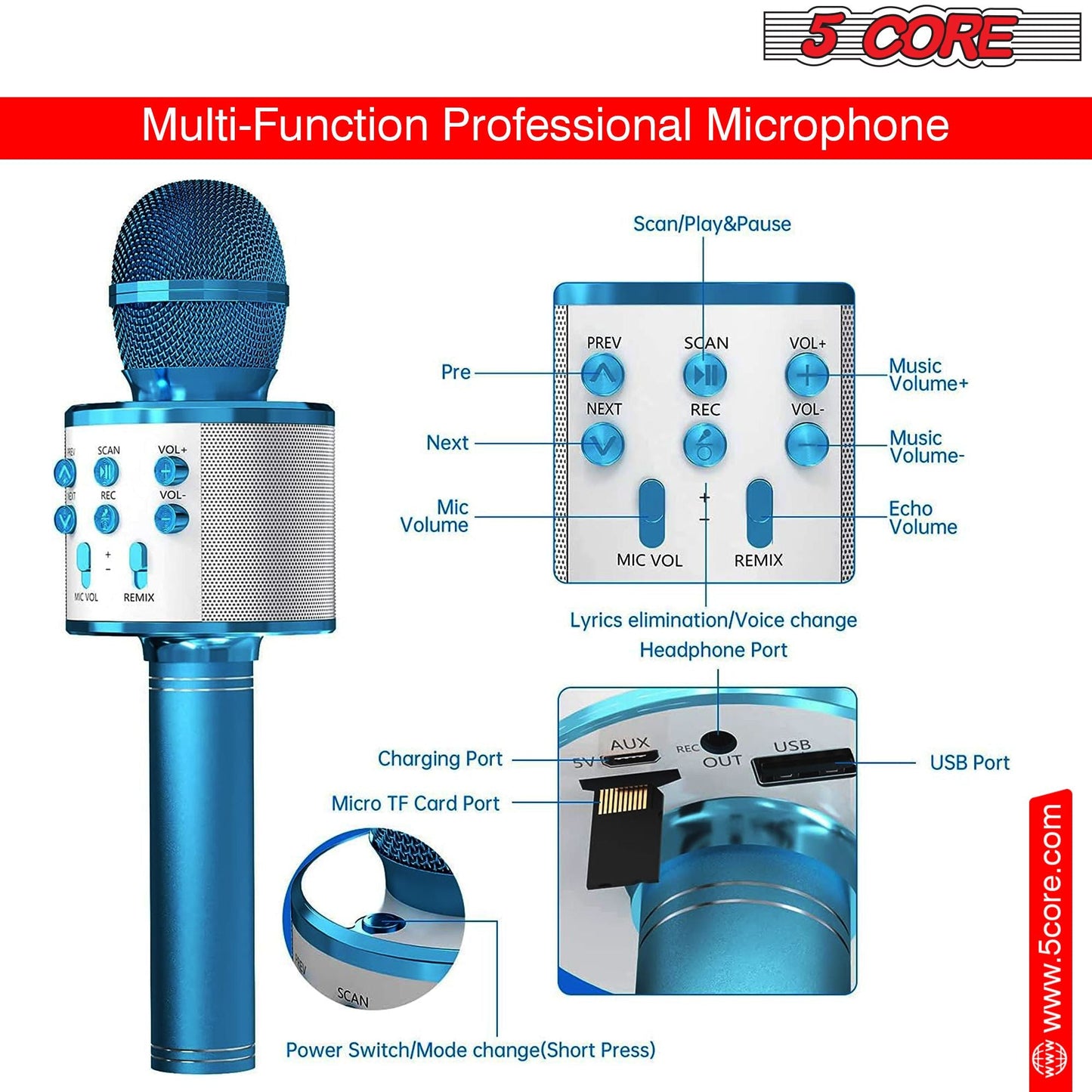 5 Core Microphone Wireless Karaoke Mic With Speaker 3 in 1 Portable Bluetooth Microfono Inalambrico - DelightsDownSouth