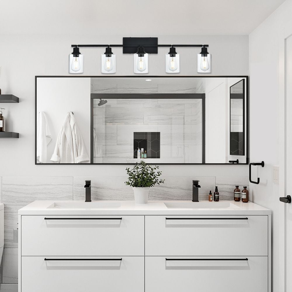 5 - Light Vanity Light Bathroom Fixture with Clear Glass Shade Multi - Directional Rotating Metal Ceiling Spotlight Fixture with Adjustable Track Heads - DelightsDownSouth