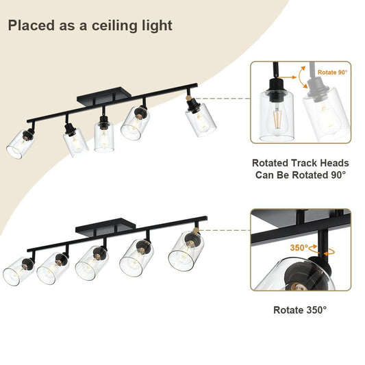 5 - Light Vanity Light Bathroom Fixture with Clear Glass Shade Multi - Directional Rotating Metal Ceiling Spotlight Fixture with Adjustable Track Heads - DelightsDownSouth