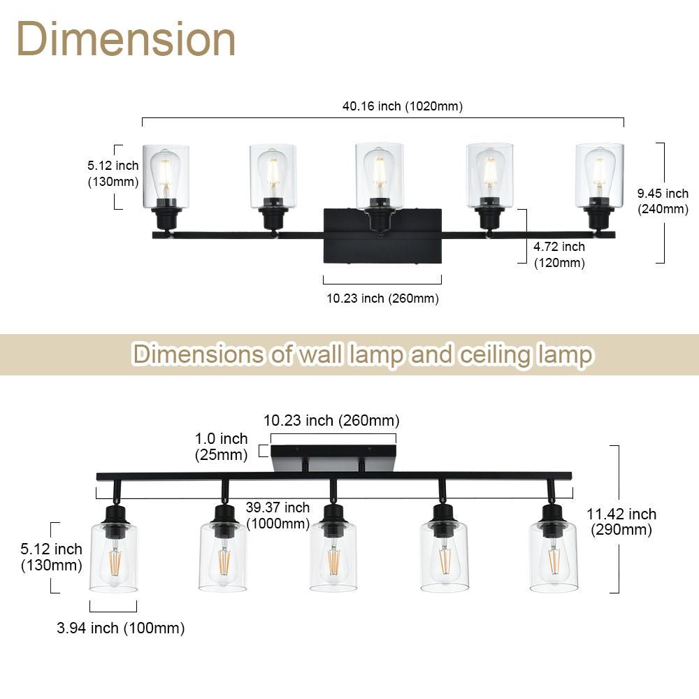 5 - Light Vanity Light Bathroom Fixture with Clear Glass Shade Multi - Directional Rotating Metal Ceiling Spotlight Fixture with Adjustable Track Heads - DelightsDownSouth