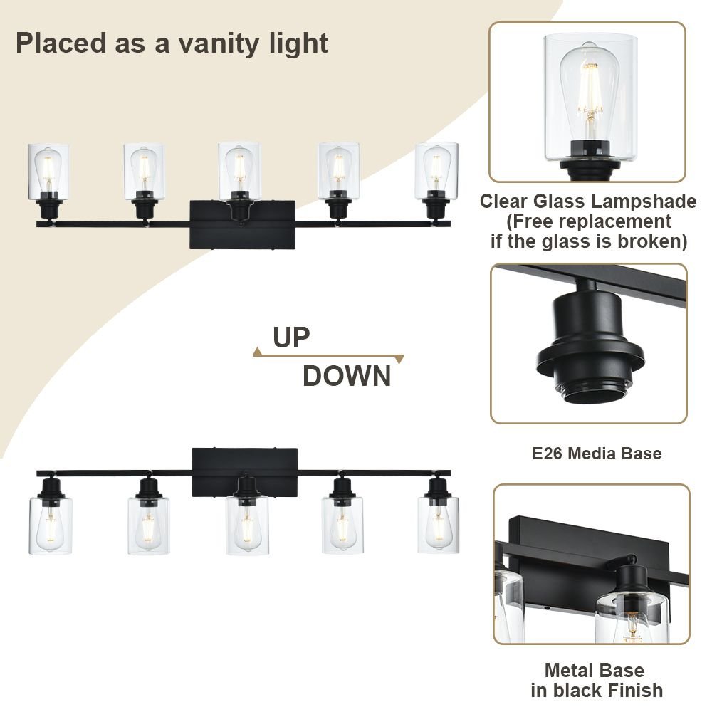 5 - Light Vanity Light Bathroom Fixture with Clear Glass Shade Multi - Directional Rotating Metal Ceiling Spotlight Fixture with Adjustable Track Heads - DelightsDownSouth