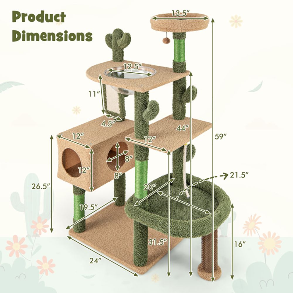 59 Inch Multilevel Cactus Kitty Activity Center with Scratching Posts Toy - DelightsDownSouth