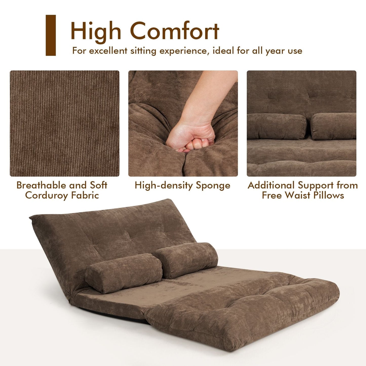 6 - Position Adjustable Sleeper Lounge Couch with 2 Pillows - DelightsDownSouth