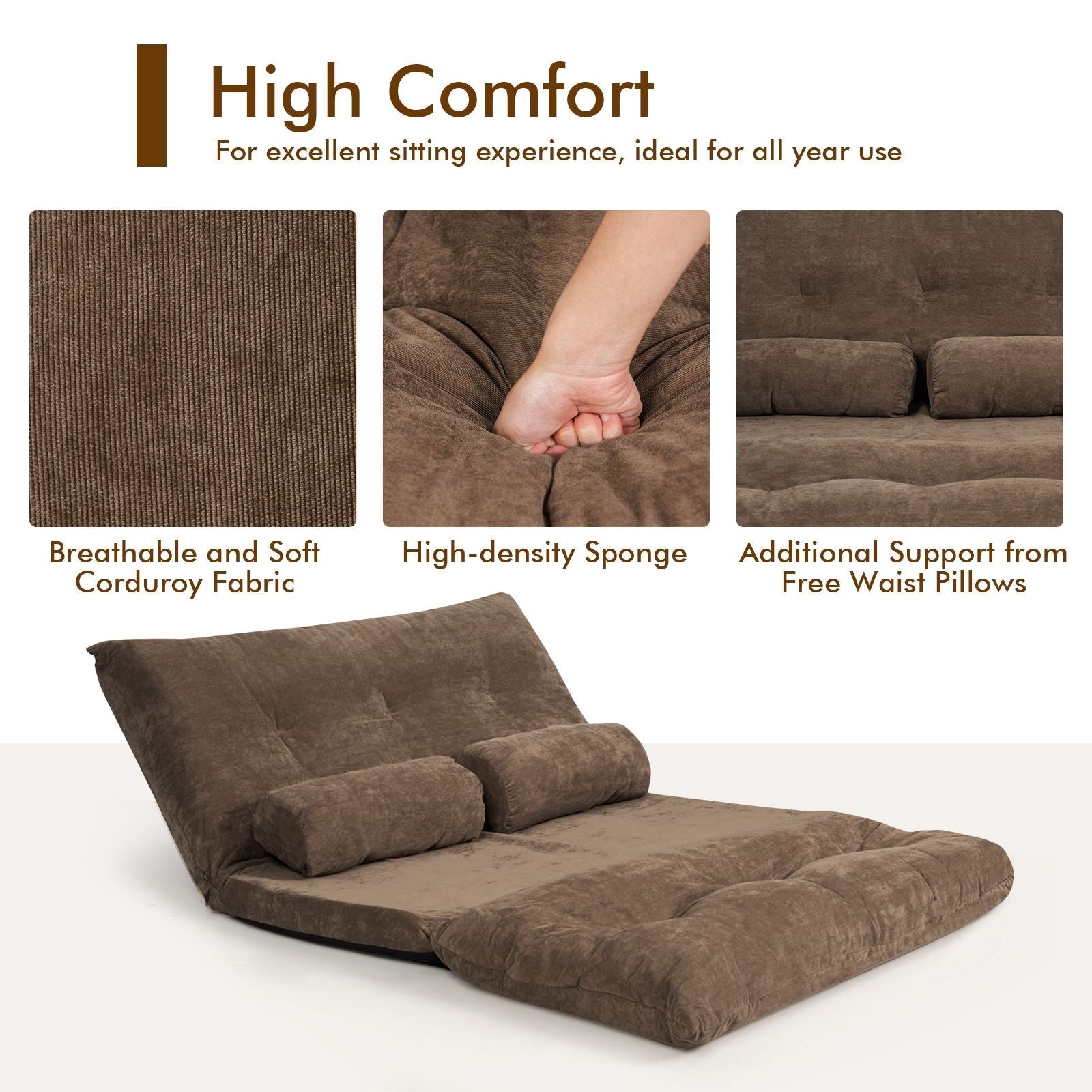 6 - Position Adjustable Sleeper Lounge Couch with 2 Pillows - DelightsDownSouth
