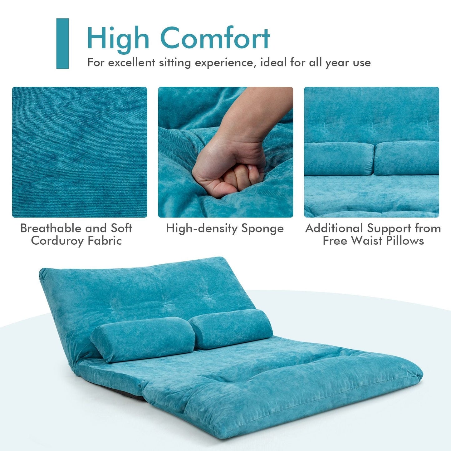6 - Position Adjustable Sleeper Lounge Couch with 2 Pillows - DelightsDownSouth