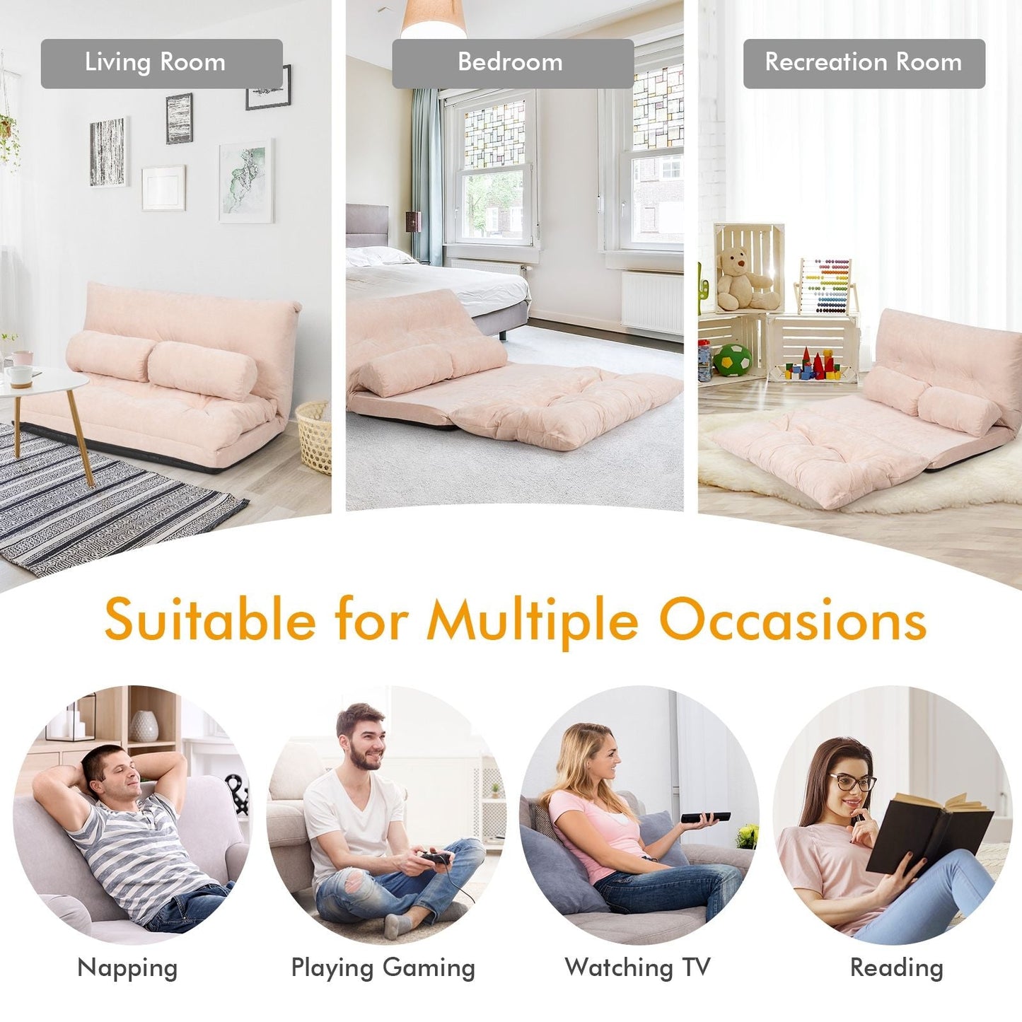 6 - Position Adjustable Sleeper Lounge Couch with 2 Pillows - DelightsDownSouth
