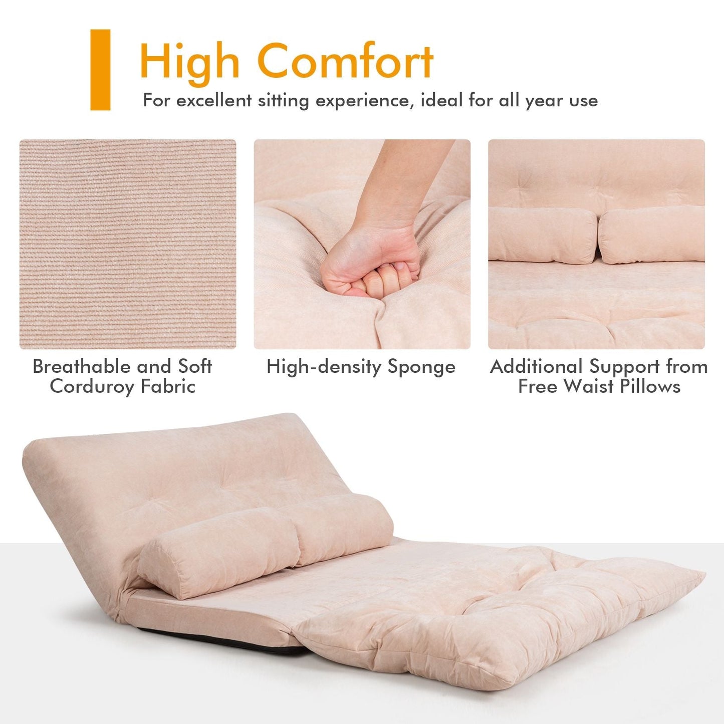 6 - Position Adjustable Sleeper Lounge Couch with 2 Pillows - DelightsDownSouth
